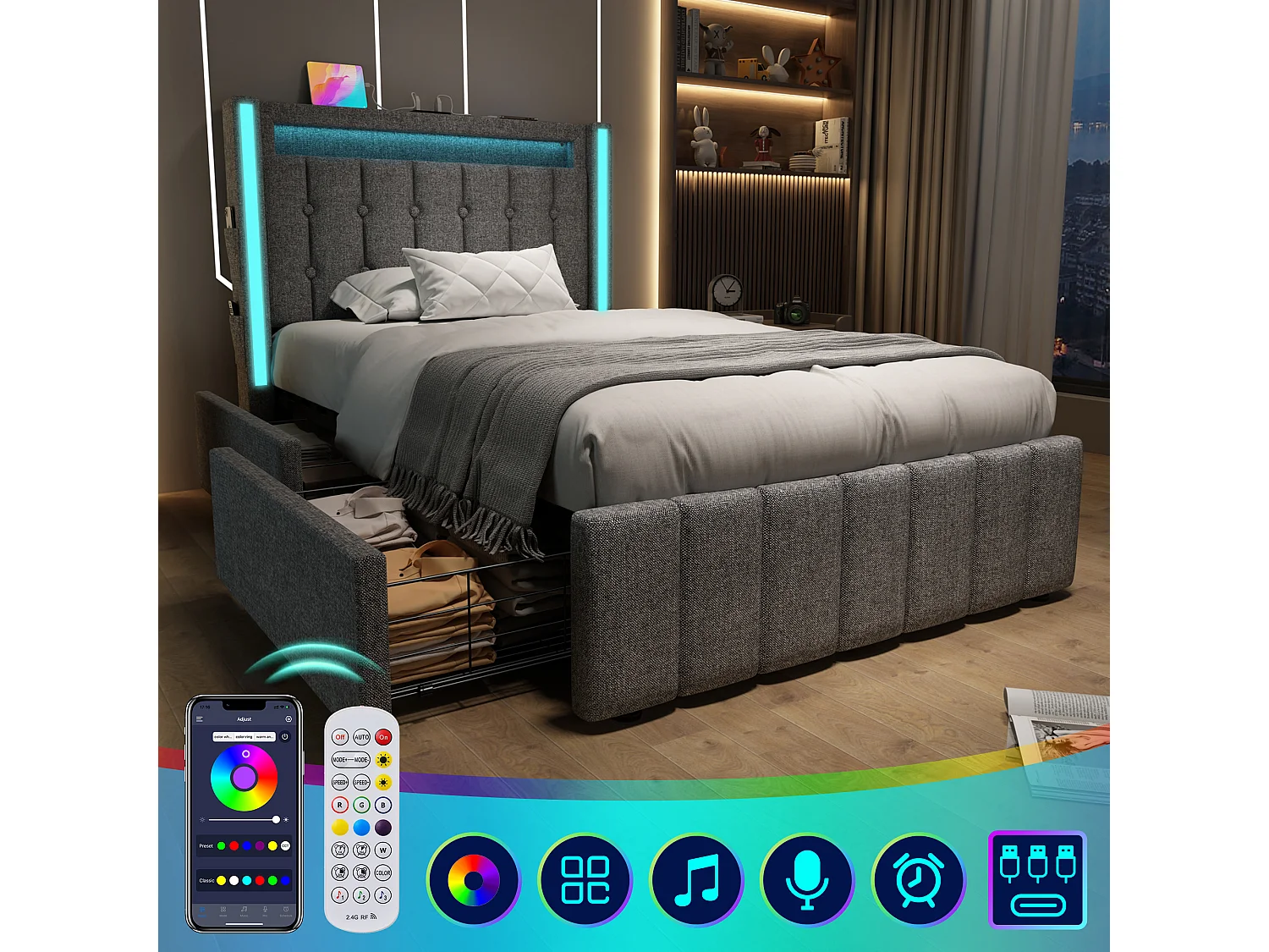 Łóżko tapicerowane 90 x 200 cm z 2 szufladami - USB, gniazda typu C i oświetlenie LED - Tkanina lniana - Szare (bez materaca) 3402592 - obrazek 1