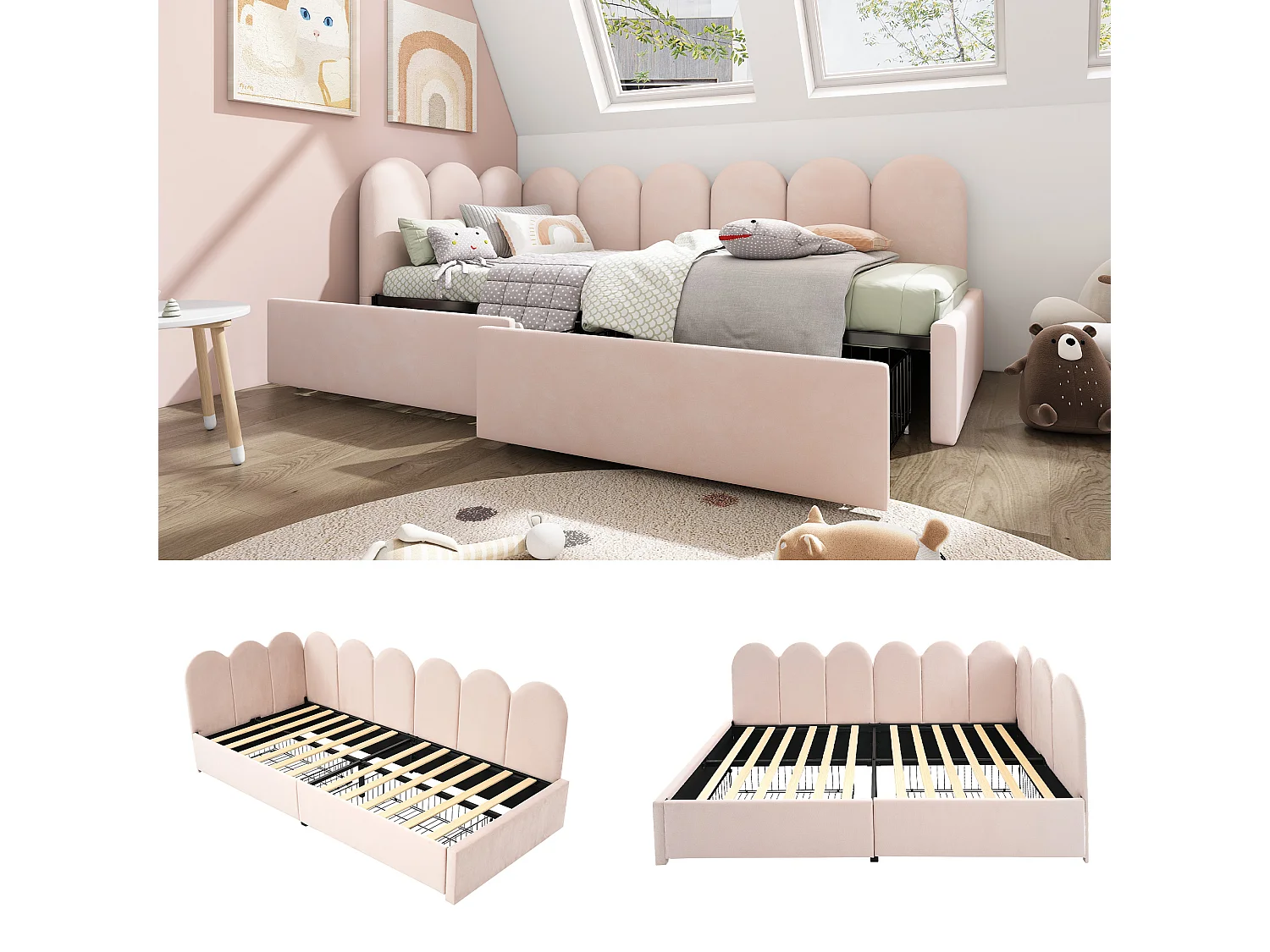 Łóżko tapicerowane 90 x 200 cm z 2 szufladami i zagłówkiem - Aksamit - Sofa rozkładana - Różowe (bez materaca) 3402601 - obrazek 1