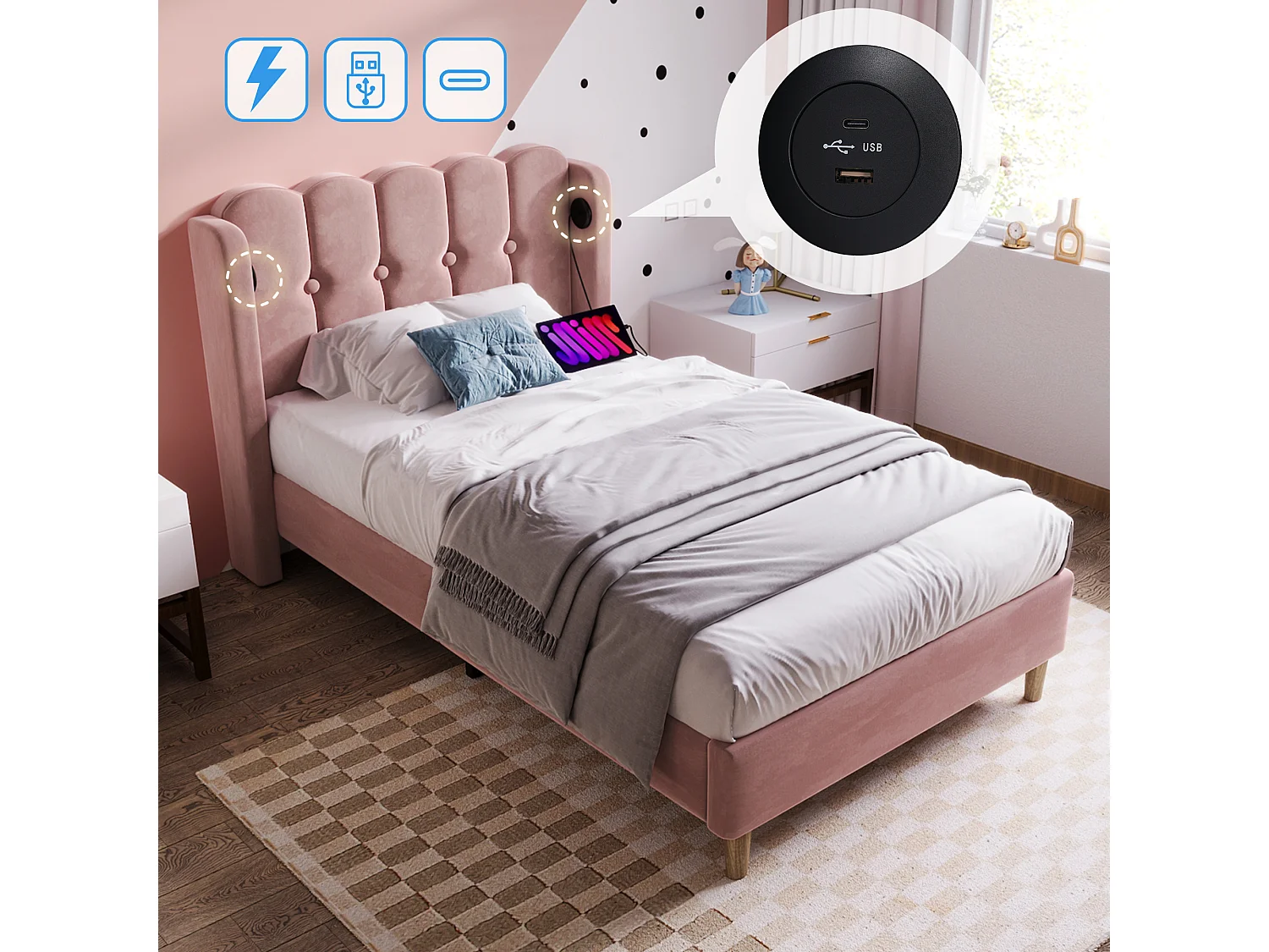 Łóżko tapicerowane 90 x 200 cm z regulowanym zagłówkiem - Aksamit - USB Typ C i LEDy - Różowe 3402607 - obrazek 1