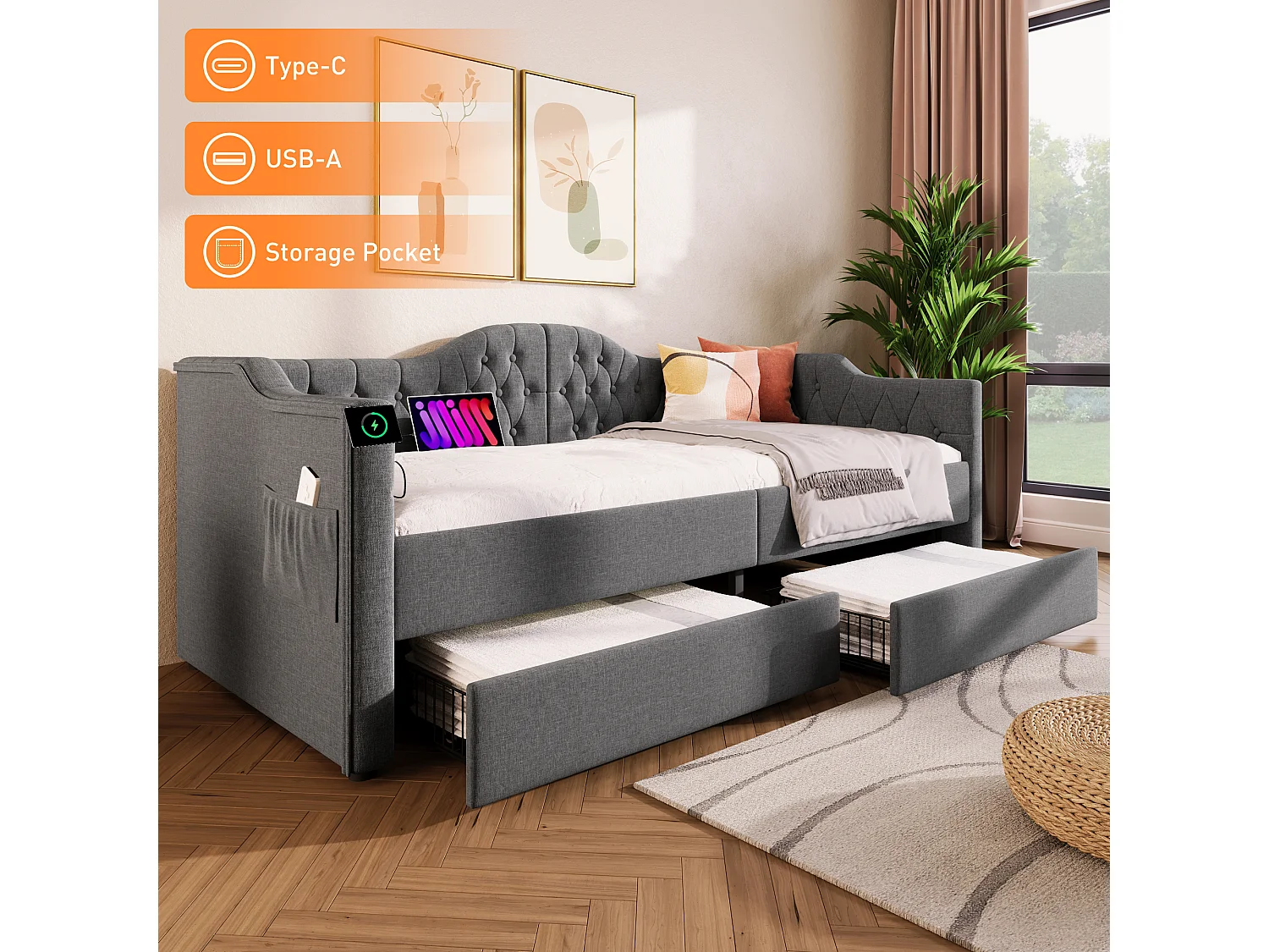 Łóżko tapicerowane 90 x 190 cm z ładowaniem USB typu C i 2 szufladami, sofa rozkładana - Tkanina lniana - Szary 3402609 - obrazek 1