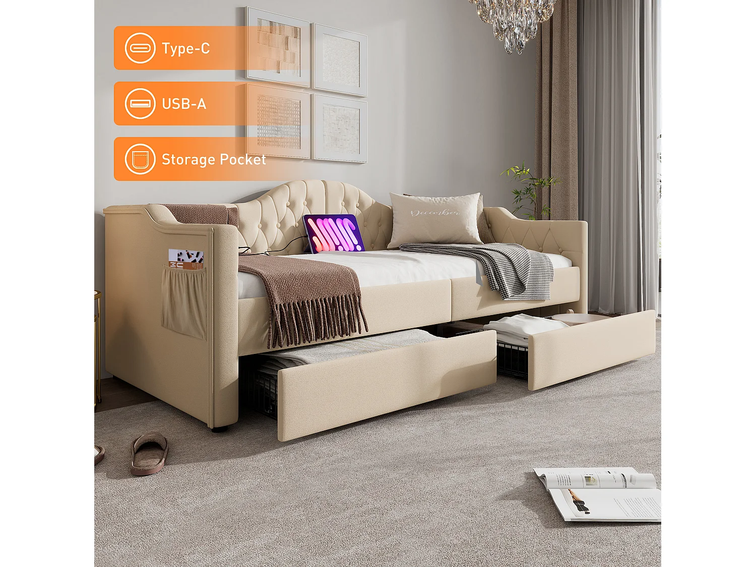 Łóżko tapicerowane 90 x 200 cm z ładowaniem USB typu C i 2 szufladami, Sofa rozkładana - Aksamit - Beż 3402611 - obrazek 1