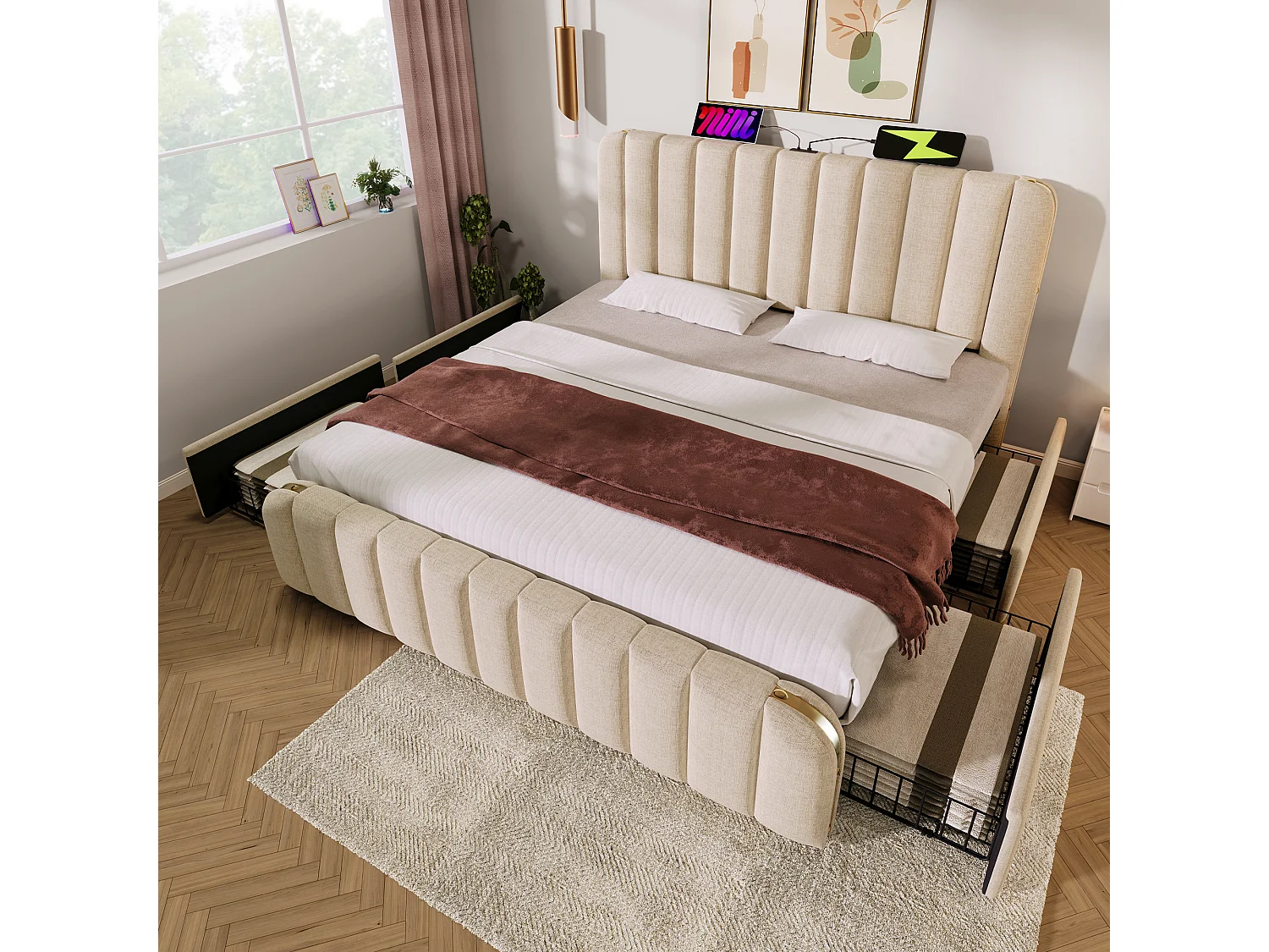 Łóżko tapicerowane 180 x 200 cm z 4 szufladami i zagłówkiem - Gniazda USB i Type-C - Tkanina lniana - Paski dekoracyjne - Beżowe (bez materaca) 3402610 - obrazek 1