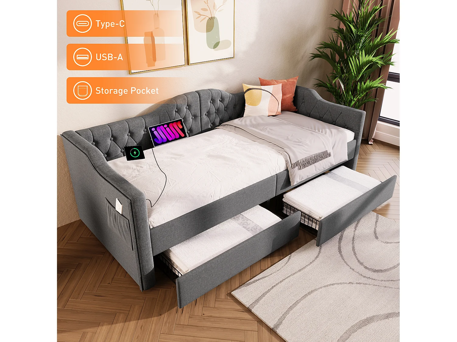 Łóżko tapicerowane 90 x 200 cm z ładowaniem USB typu C i 2 szufladami, sofa rozkładana - Tkanina lniana - Szary 3402614 - obrazek 1