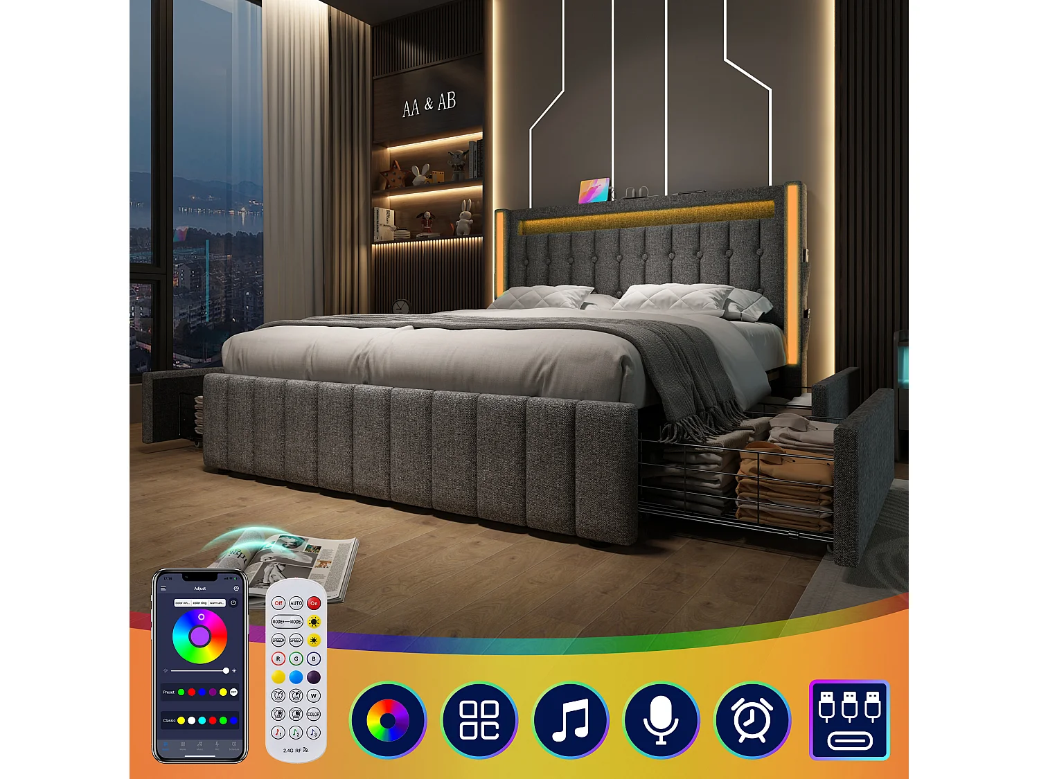 Łóżko tapicerowane 160 x 200 cm z 4 szufladami - Gniazda USB typu C i oświetlenie LED - Tkanina lniana - Szare (bez materaca) 3402620 - obrazek 1