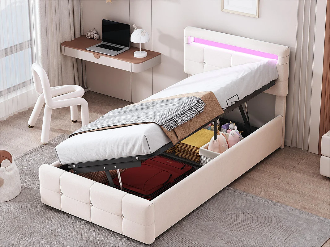 Łóżko tapicerowane 90x200cm z weluru - z LED i stelażem na listwy - Beżowe 3427439 - obrazek 1