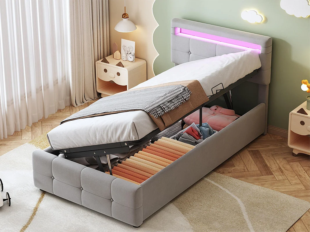 Łóżko tapicerowane 90x200cm z weluru - z LED i stelażem na listwy - Szare 3427442 - obrazek 1