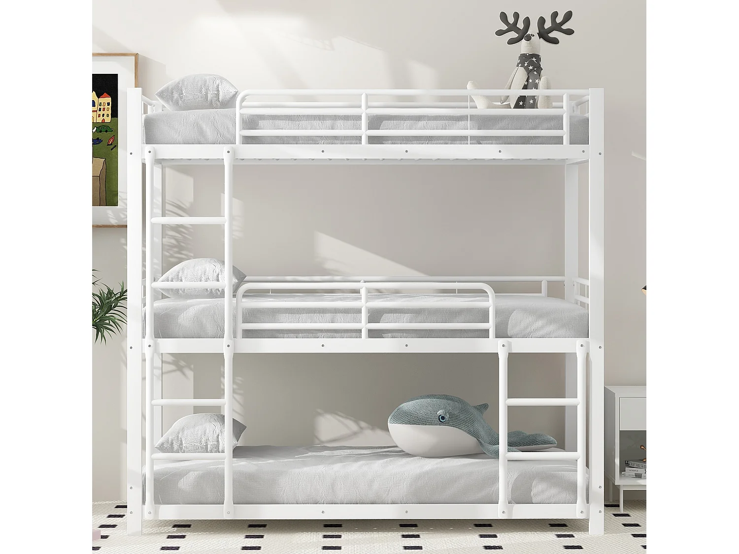 Łóżko piętrowe potrójne 3 x 90 x 200 cm z drabinkami - metalowe - stelaż listwowy - białe (bez materaca) 3453636 - obrazek 1