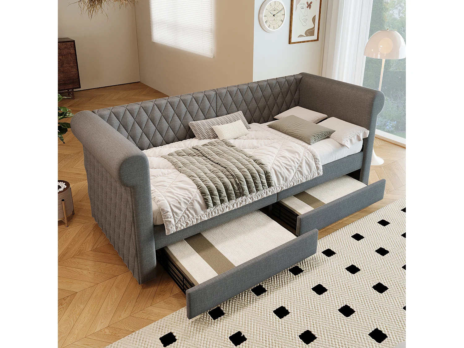 Łóżko tapicerowane 90 x 200 cm z 2 szufladami, sofa rozkładana - tkanina lniana - szare (bez materaca) 3459923 - obrazek 1