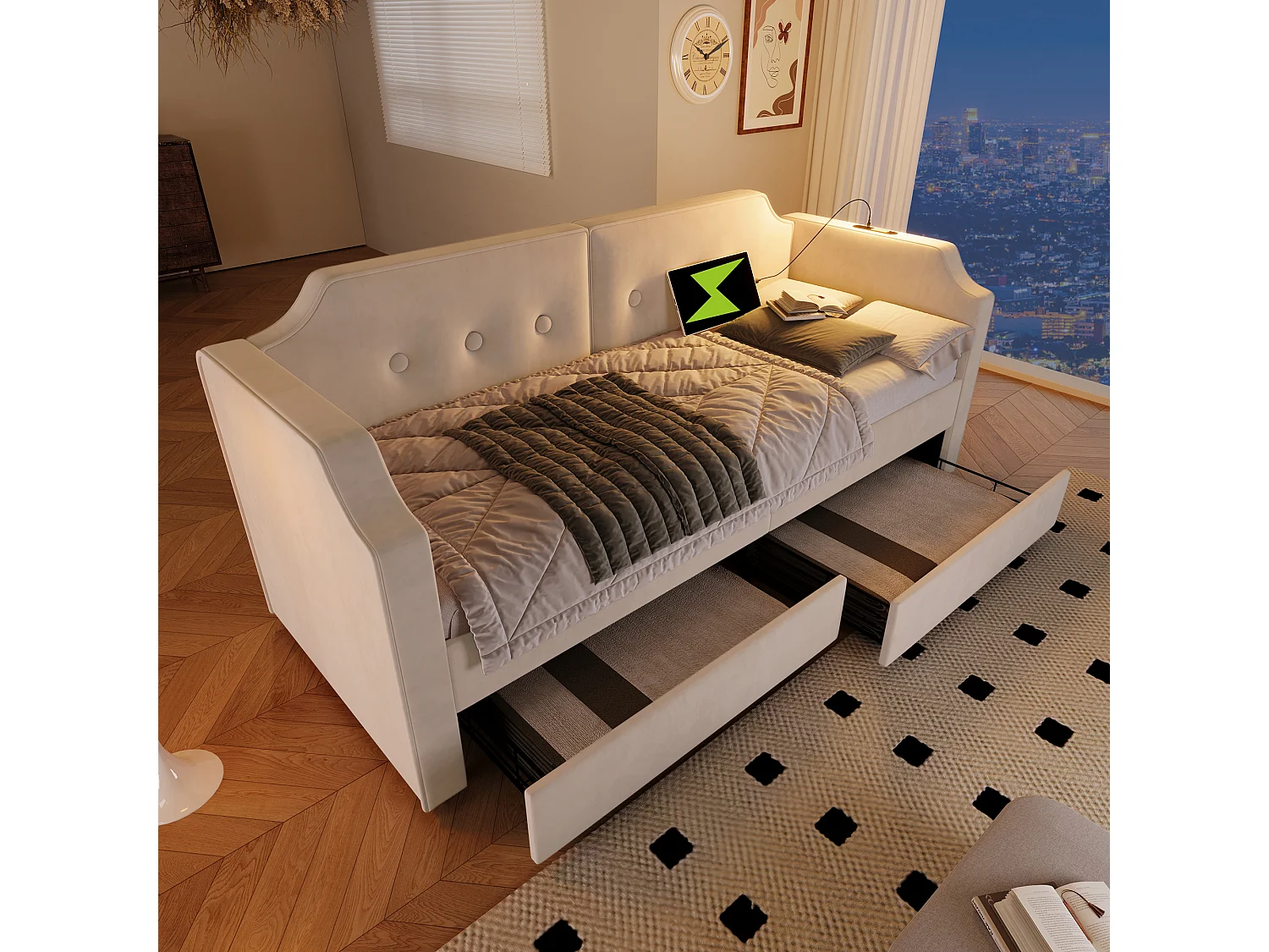 Łóżko tapicerowane 90 x 200 cm z 2 szufladami, sofa rozkładana z 2 szufladami, lampką do czytania i gniazdem USB typu C - Aksamit - Beż (bez materaca) 3459937 - obrazek 1