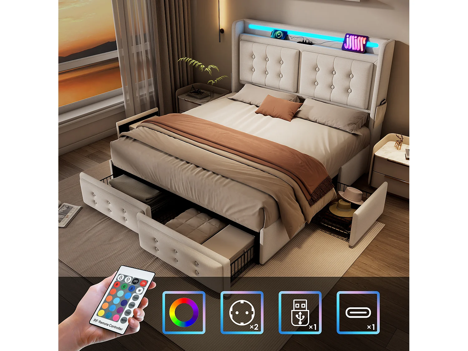 Łóżko tapicerowane 180 x 200 cm z 4 szufladami, zagłówkiem LED, gniazdem USB Type-C - Tkanina bawełniana - Beżowe (bez materaca) 3459941 - obrazek 1