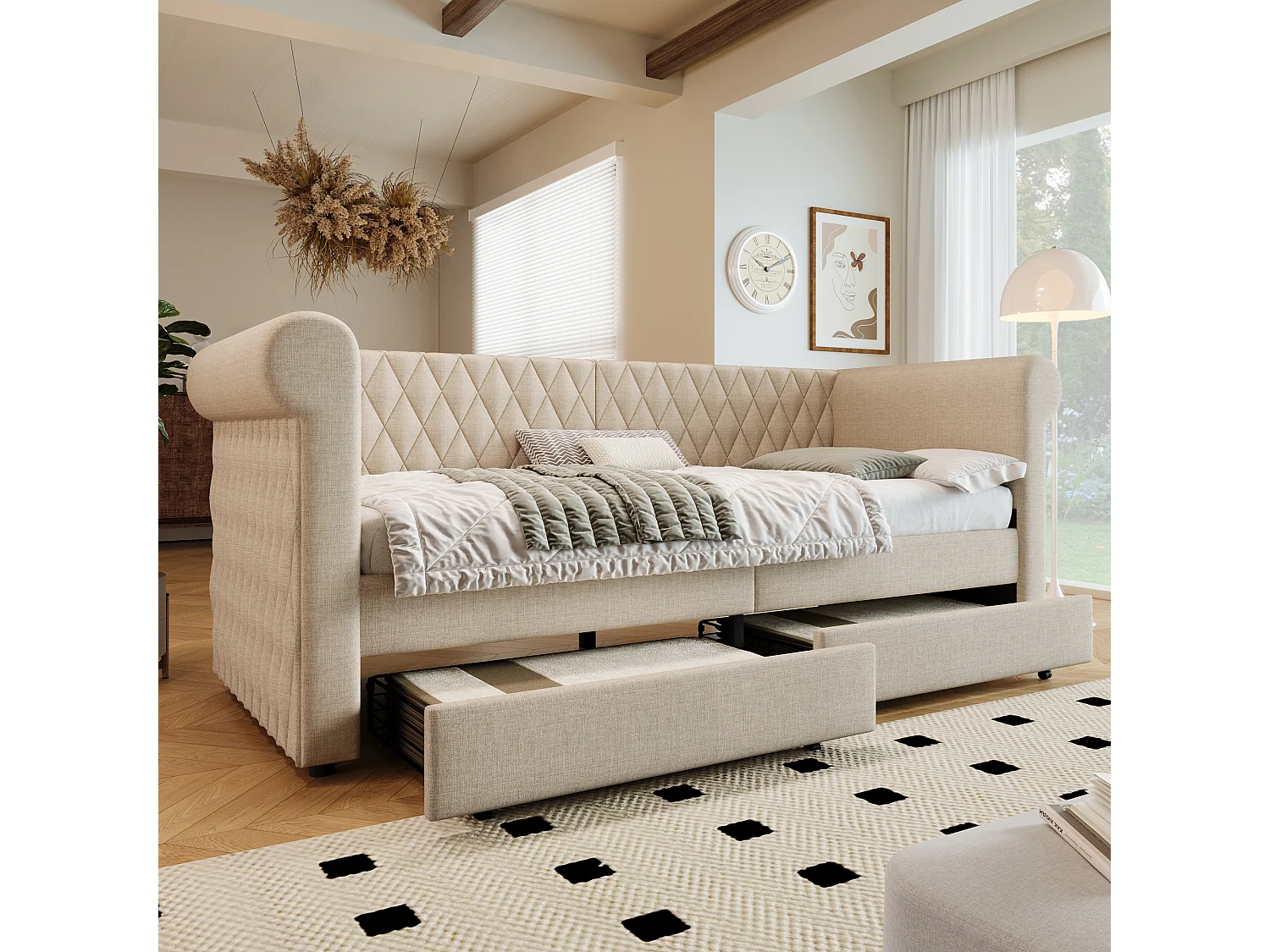 Łóżko tapicerowane 90 x 200 cm z 2 szufladami, sofa rozkładana - tkanina lniana - beż (bez materaca) 3459950 - obrazek 1