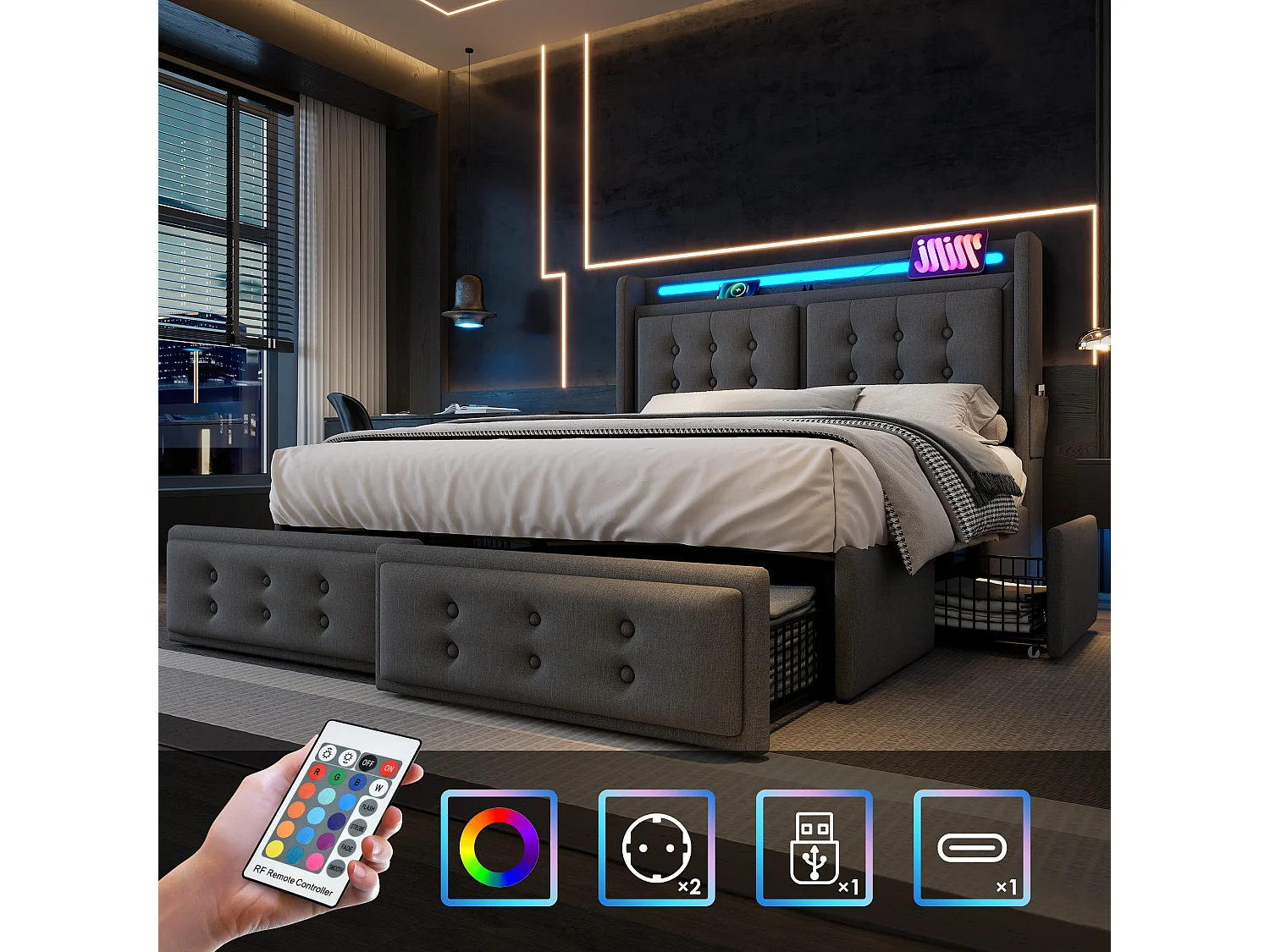 Łóżko tapicerowane 180 x 200 cm z 4 szufladami, zagłówkiem LED, gniazdem USB Type-C - Tkanina bawełniana - Szare (bez materaca) 3459949 - obrazek 1