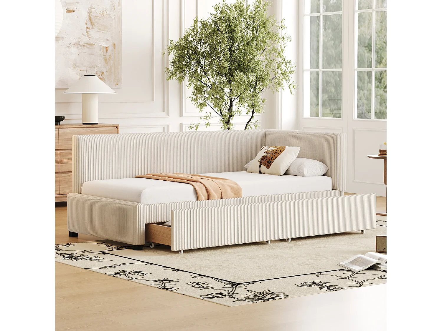 Łóżko tapicerowane 90 x 200 cm, sofa rozkładana, z 2 szufladami i miękkim zagłówkiem, tkanina aksamitna, beżowe (bez materaca) 3508813
