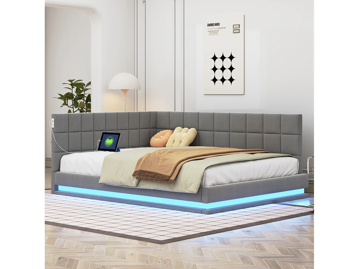 Łóżko tapicerowane 140 x 200 cm, sofa rozkładana z miękkim wezgłowiem - listwa świetlna LED, gniazdo USB - tkanina aksamitna - szare (bez materaca) 3508824 - obrazek 1
