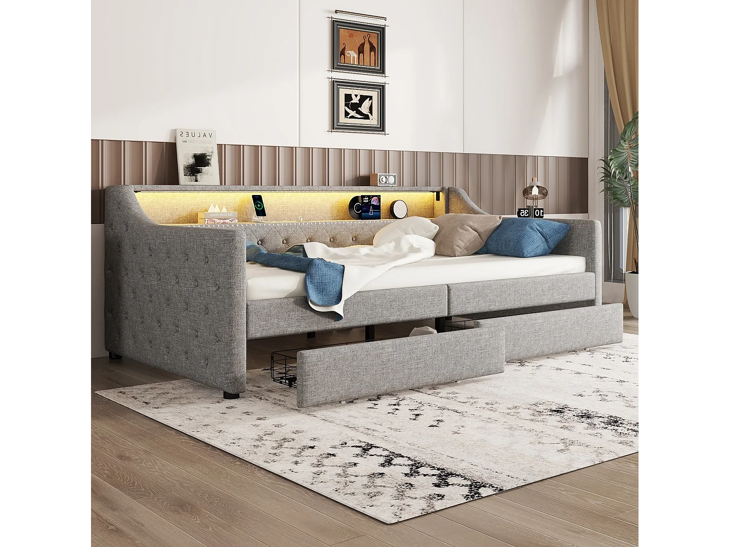 Łóżko tapicerowane 90 x 200 cm z wezgłowiem - LED-y - 2 szuflady, gniazdo ładowania USB i półka do przechowywania - tkanina lniana - szare (bez materaca) 3508846 - obrazek 1