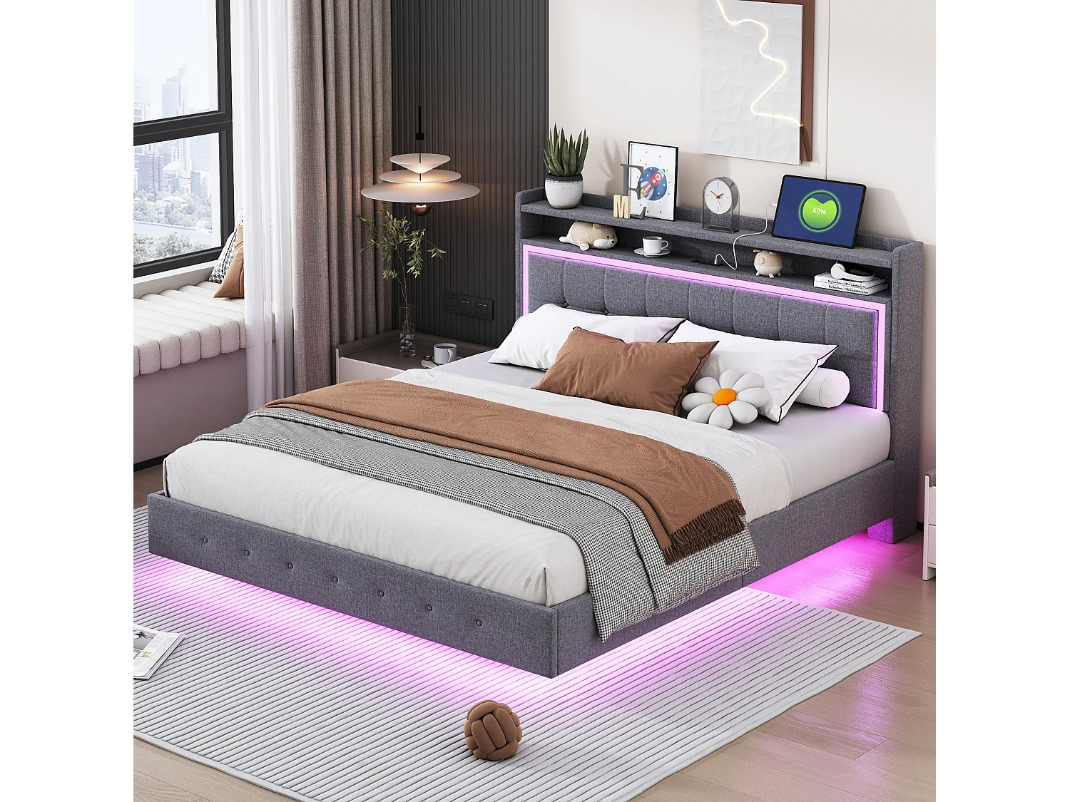 Łóżko tapicerowane 160 x 200 cm ze schowkiem na pościel, portem USB i oświetleniem LED - tkanina lniana - kolor szary (bez materaca) 3508851 - obrazek 1