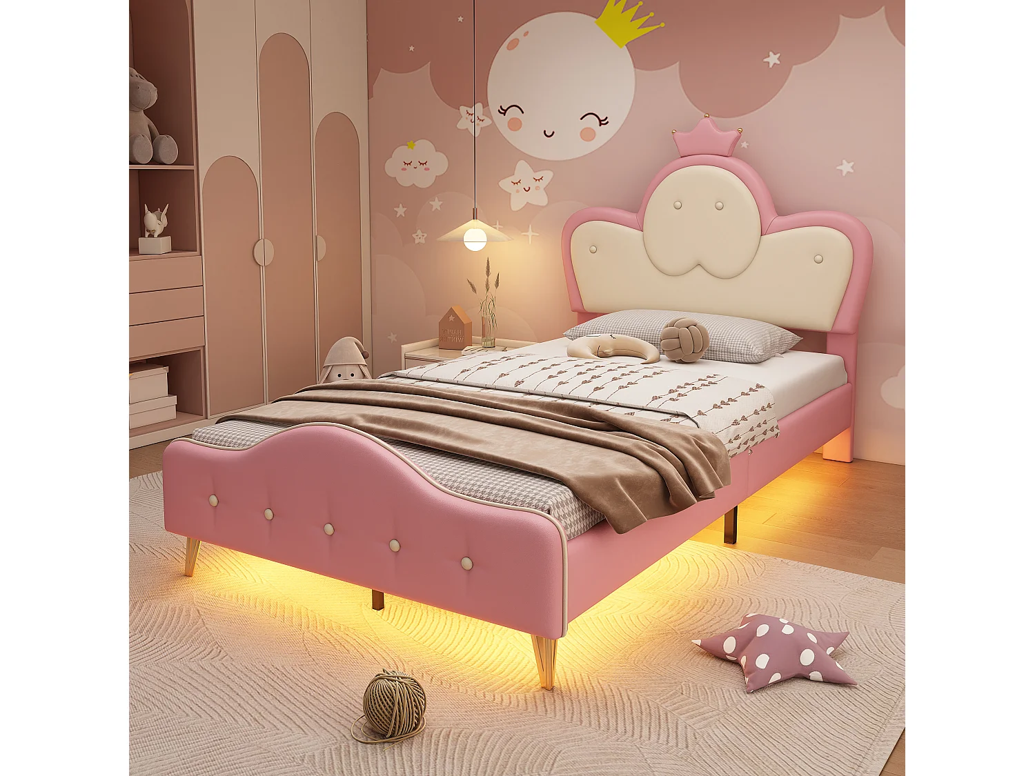 Łóżko tapicerowane 90 x 200 cm z wezgłowiem - wzór Crown - diody LED - skóra ekologiczna i nogi metalowe - różowy + biały (bez materaca) 3508852 - obrazek 1