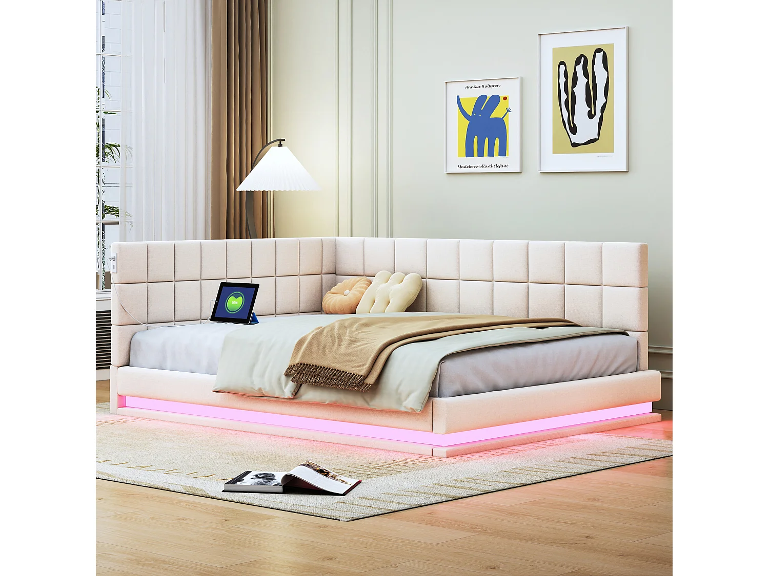 Łóżko tapicerowane 140 x 200 cm, sofa rozkładana z miękkim wezgłowiem - listwa świetlna LED, gniazdo USB - tkanina aksamitna - beż (bez materaca) 3508854 - obrazek 1