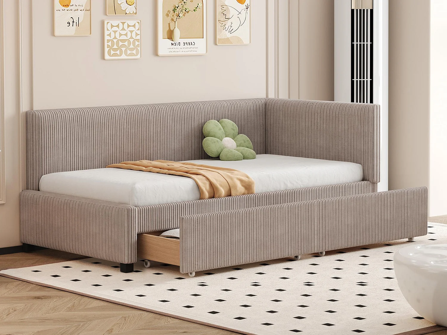 Łóżko tapicerowane 90x200cm z weluru – 2 szuflady – z stelażem na listwy – Szary 3508926