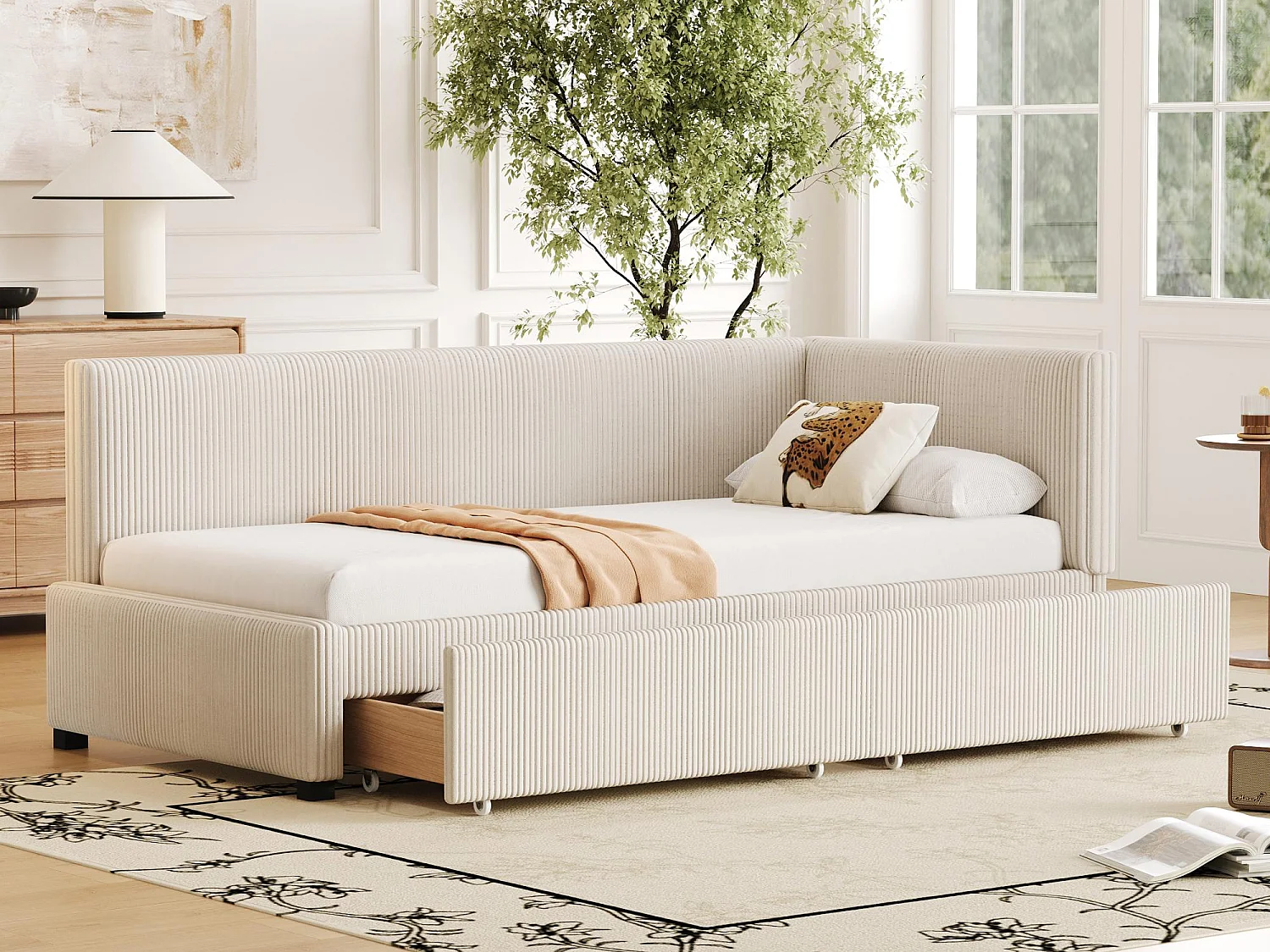 Łóżko tapicerowane 90x200cm z weluru - 2 szuflady - z stelażem na listwy - Beżowe 3508928 - obrazek 1
