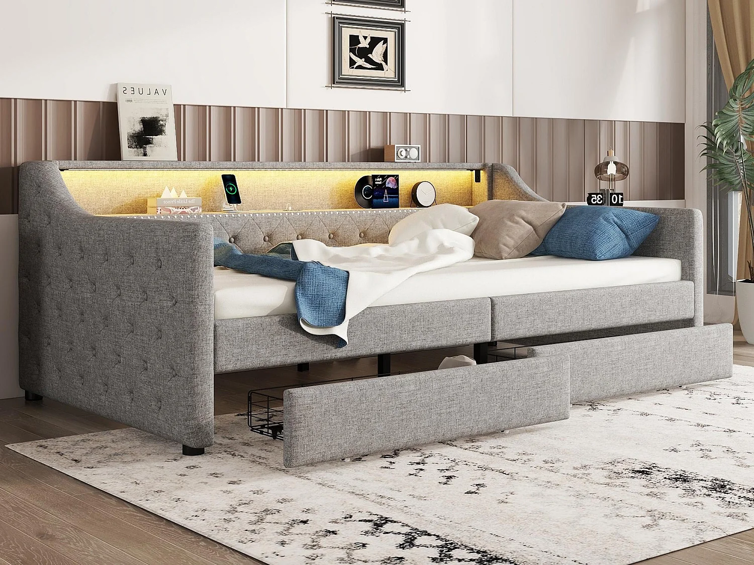 Łóżko tapicerowane z lnu 90x200cm z LED – 2 szuflady i porty USB – z stelażem na listwy – Szare 3509897