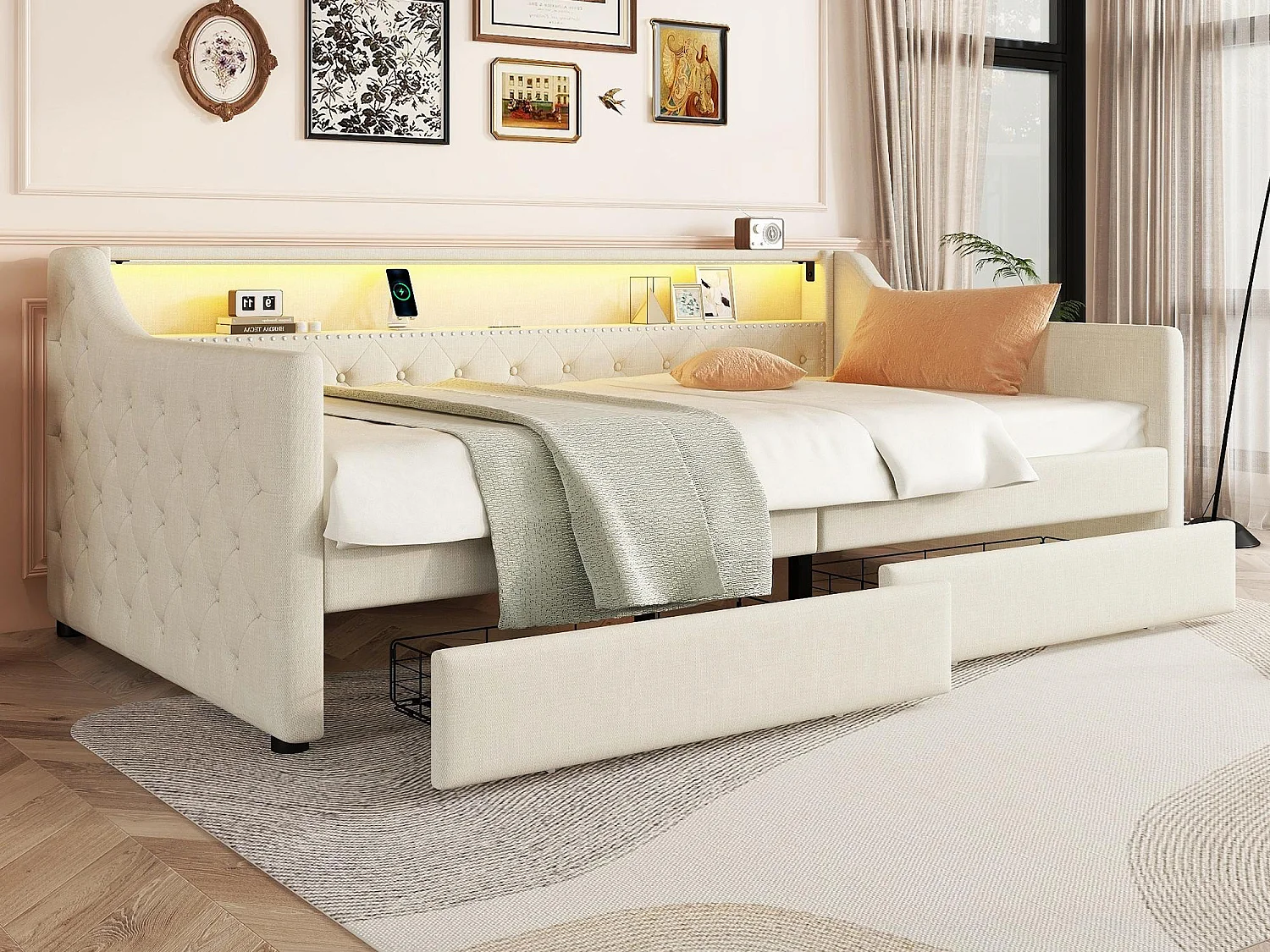 Łóżko tapicerowane lniane 90x200cm z LED – 2 szuflady i porty USB – z stelażem na listwy – Beżowe 3509898