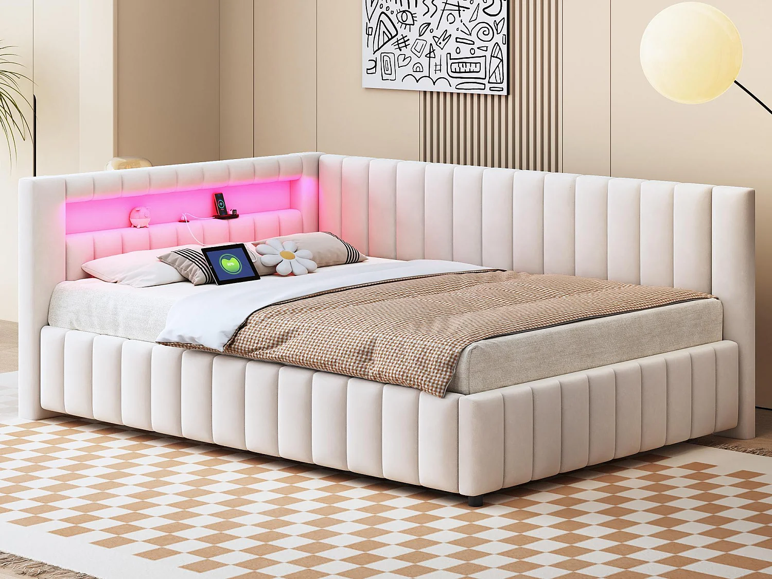 Łóżko tapicerowane welurowe - 140x200cm - z oświetleniem LED i gniazdem USB - Beżowe (materac nie jest w zestawie) 3579468 - obrazek 1
