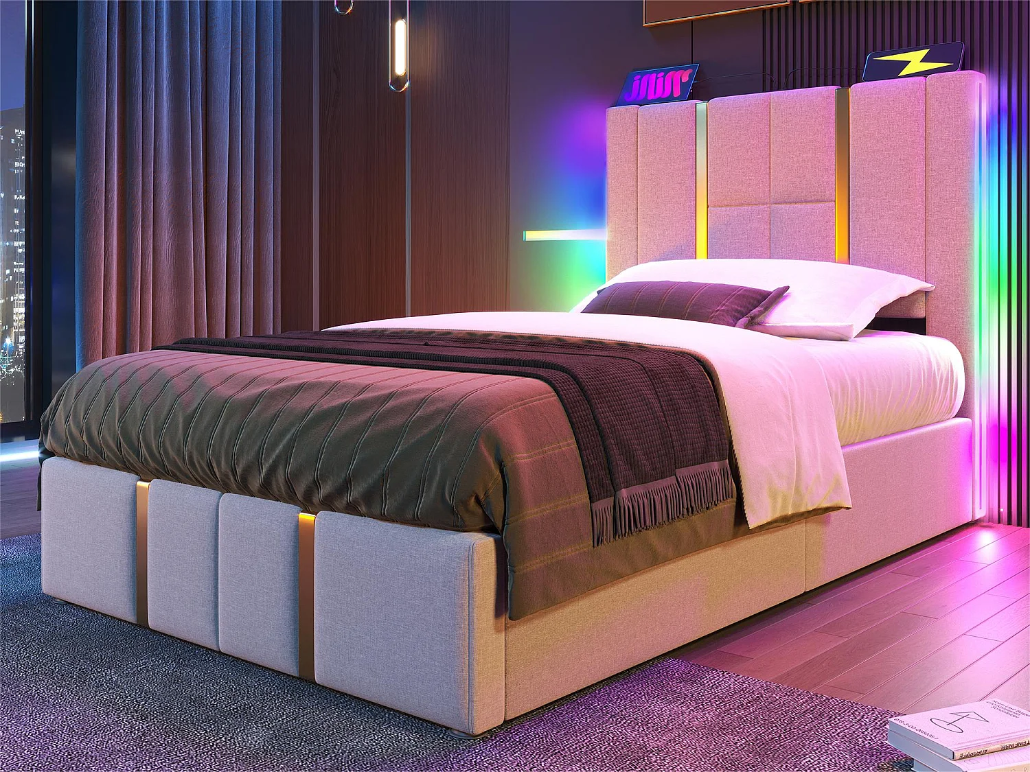 Łóżko tapicerowane 90x200 cm z lnu - z LED i funkcją ładowania - z stelażem na listwach - Beżowe 3223117 - obrazek 1