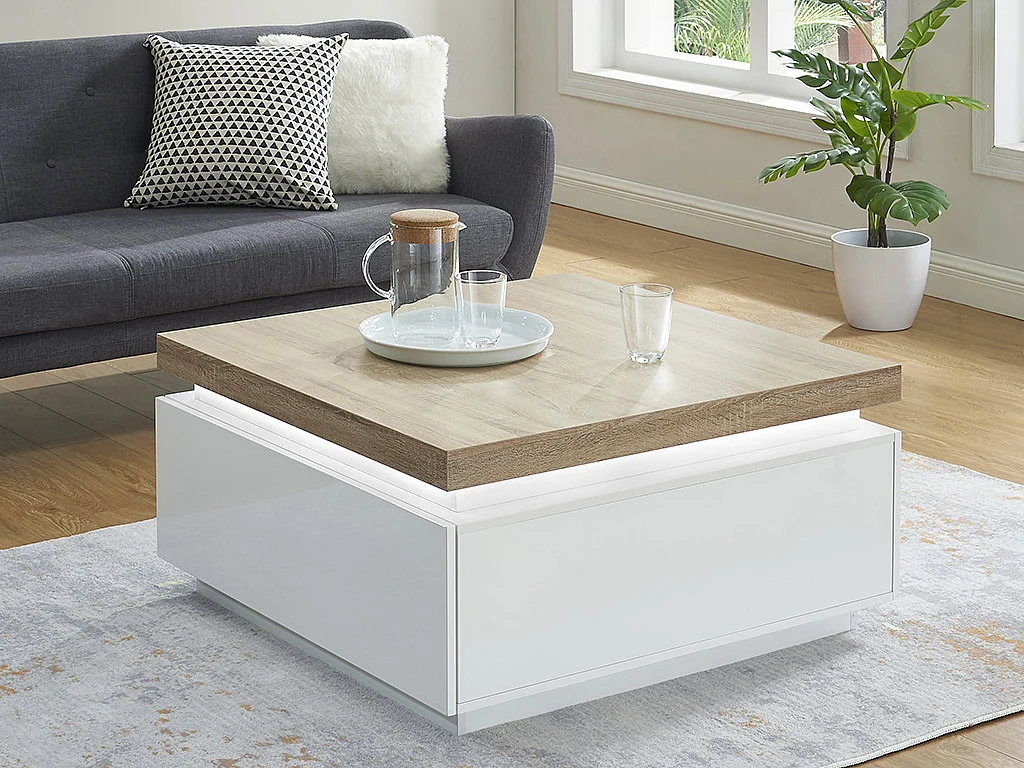 Ława HALO II – 2 szuflady – lakierowany MDF – oświetlenie LED – kolor: biały i dębowy 123031 - obrazek 1