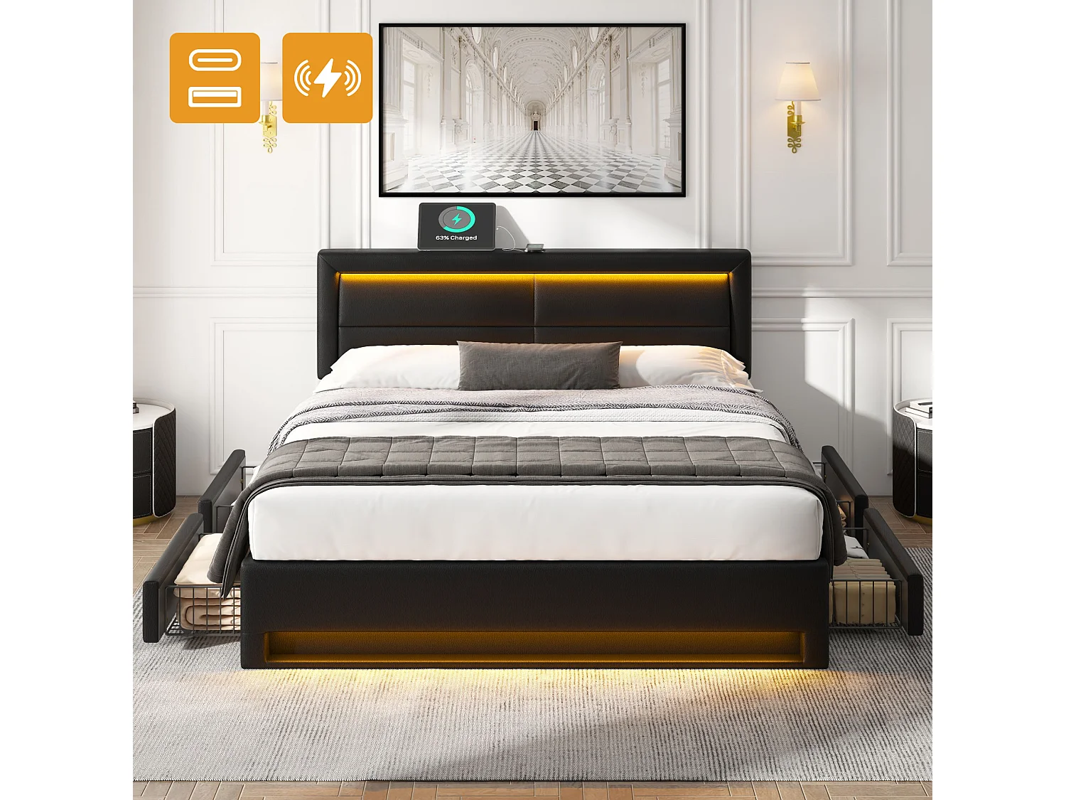 Łóżko tapicerowane 140 x 200 cm z 4 szufladami i zagłówkiem - port USB + diody LED - skóra ekologiczna - czarne (bez materaca) 3703055 - obrazek 1