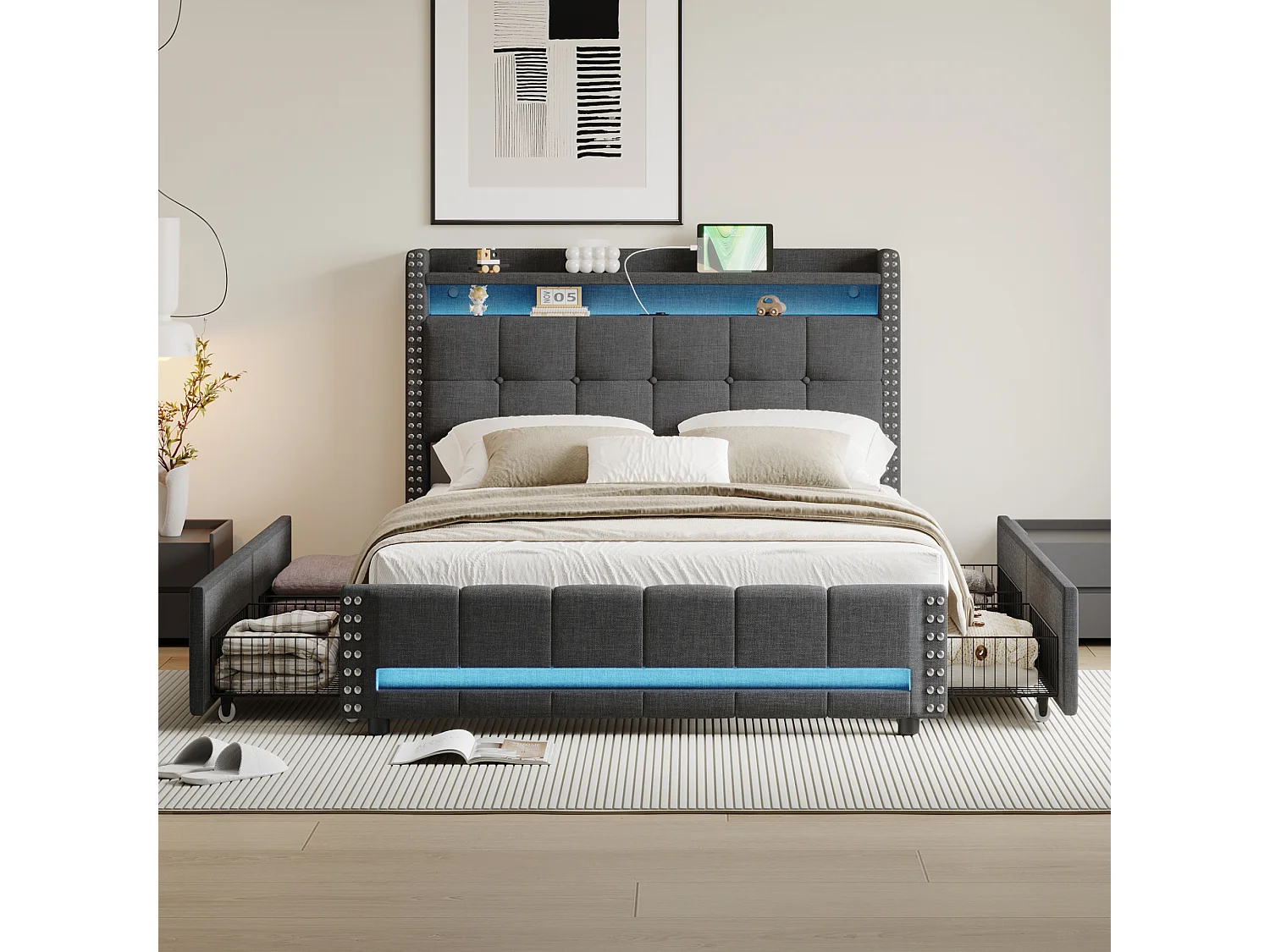 Łóżko tapicerowane 140 x 200 cm z wezgłowiem i 4 szufladami - LED + port USB - Tkanina lniana - Szare (bez materaca) 3703070 - obrazek 1