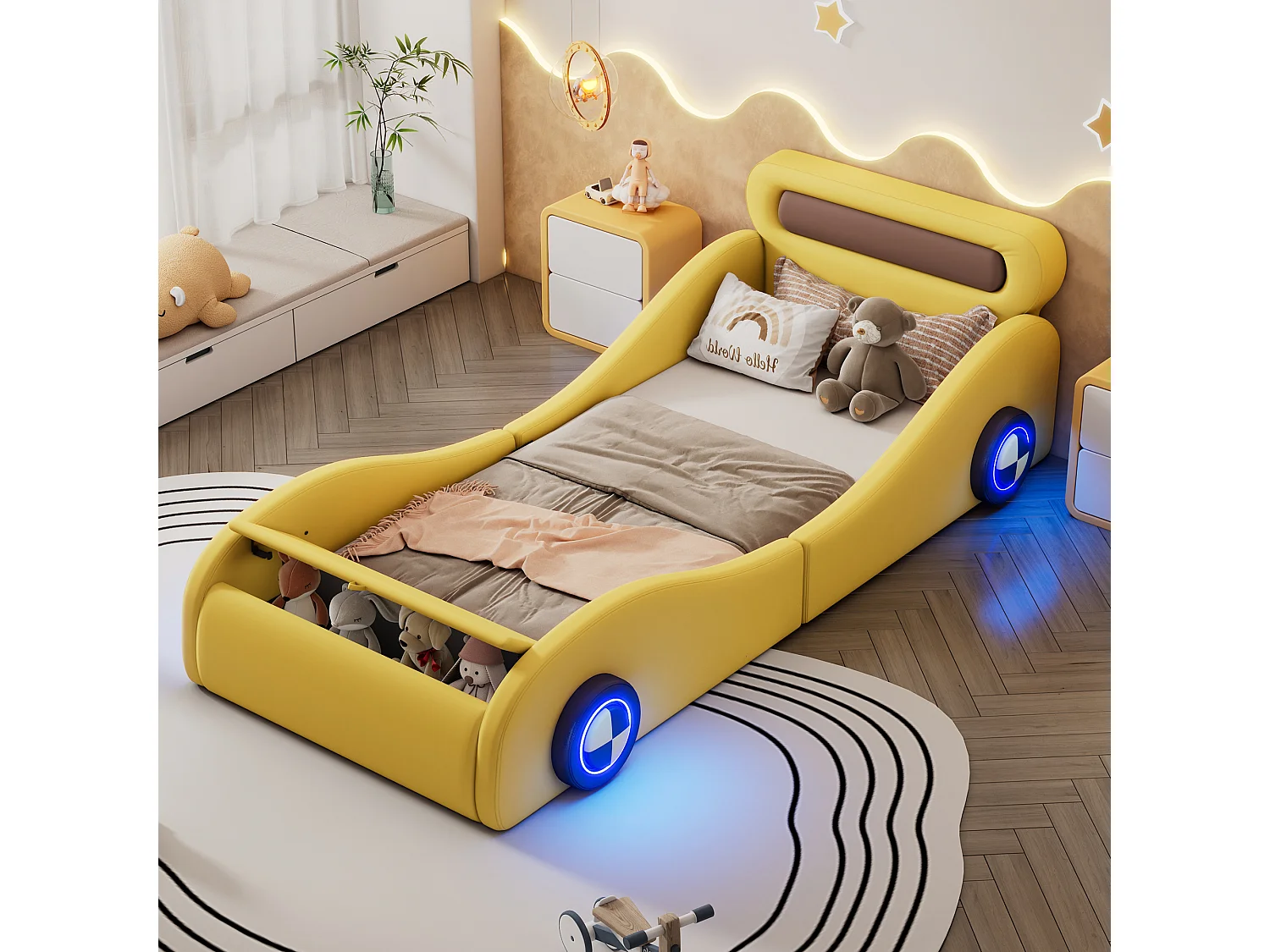 Łóżko tapicerowane w kształcie samochodu 90 x 200 cm - podświetlane koła - skóra poliuretanowa - podstawa z listew - żółte (bez materaca) 3703074 - obrazek 1