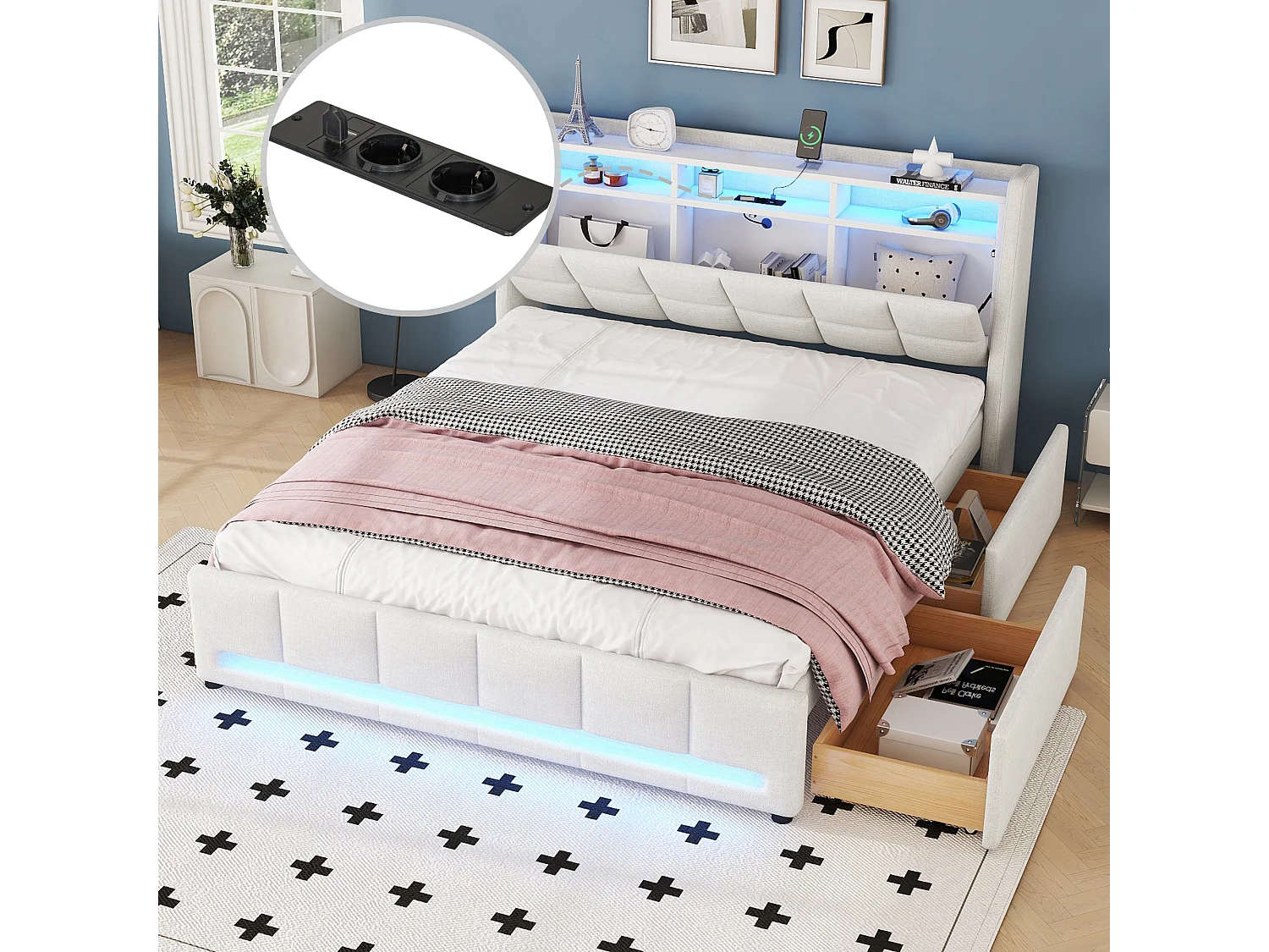 Łóżko tapicerowane 140 x 200 cm z wezgłowiem i 2 szufladami - LED-y i gniazda USB - Tkanina lniana - Beżowe (bez materaca) 3703109 - obrazek 1