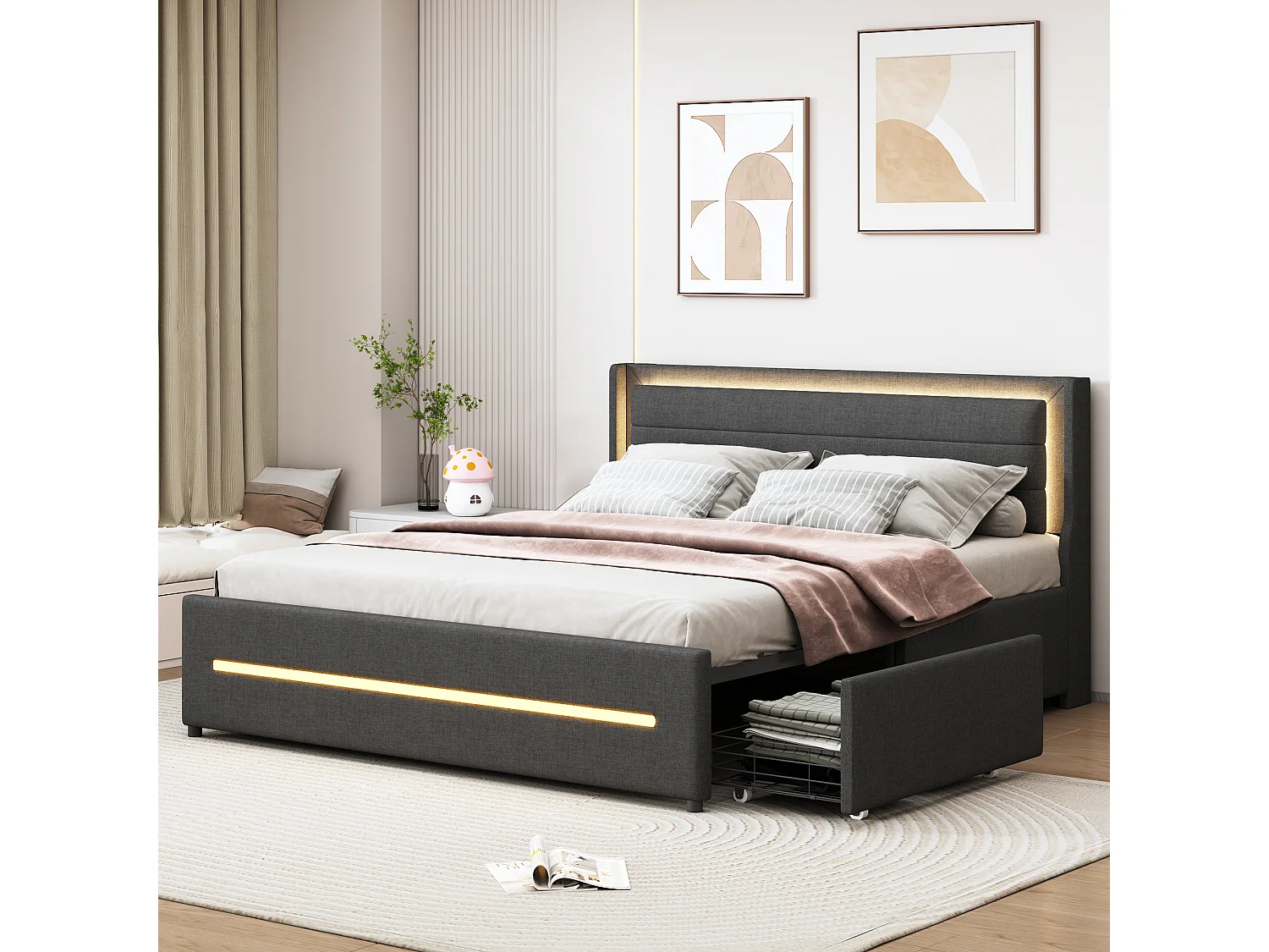 Łóżko tapicerowane 160 x 200 cm z wezgłowiem i 4 szufladami - LED - Tkanina lniana - Szare (bez materaca) 3703133 - obrazek 1