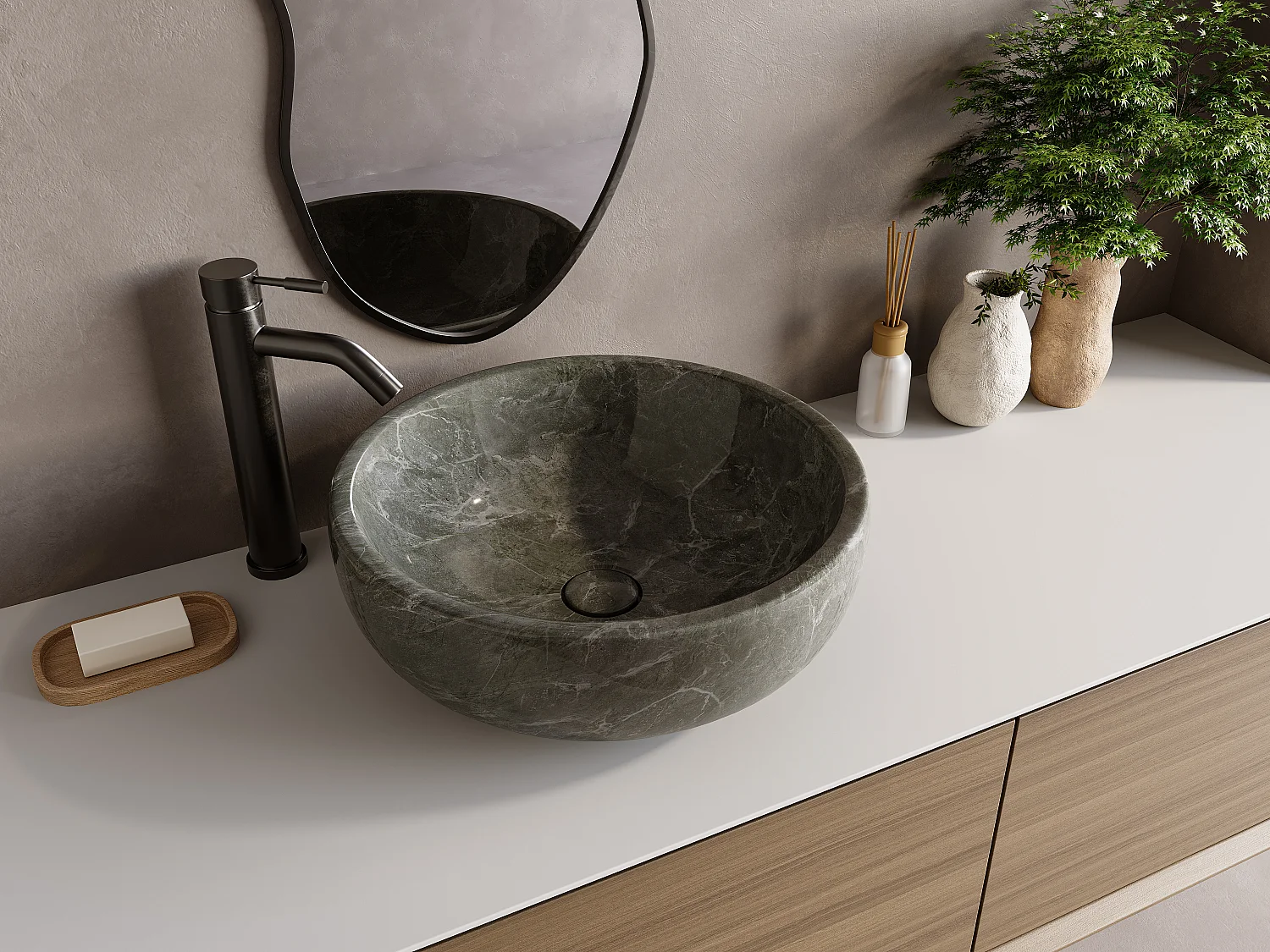 Umywalka nablatowa z marmuru – Czarny – śr. 40 cm – LAVINO 3037642