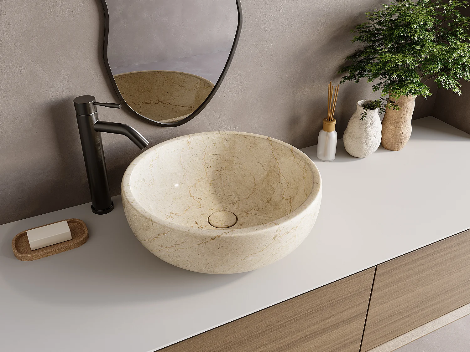 Umywalka nablatowa z marmuru – Kremowy – śr. 40 cm – LAVINO 3037643