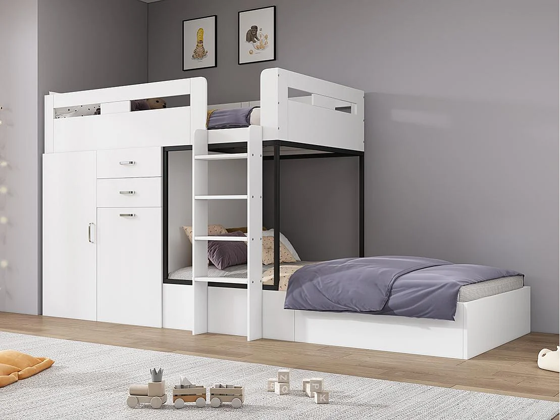Łóżko piętrowe wielofunkcyjne - 2x90x200 cm - z szafą i wysuwanym biurkiem - Białe (bez materaca) 3178498 - obrazek 1
