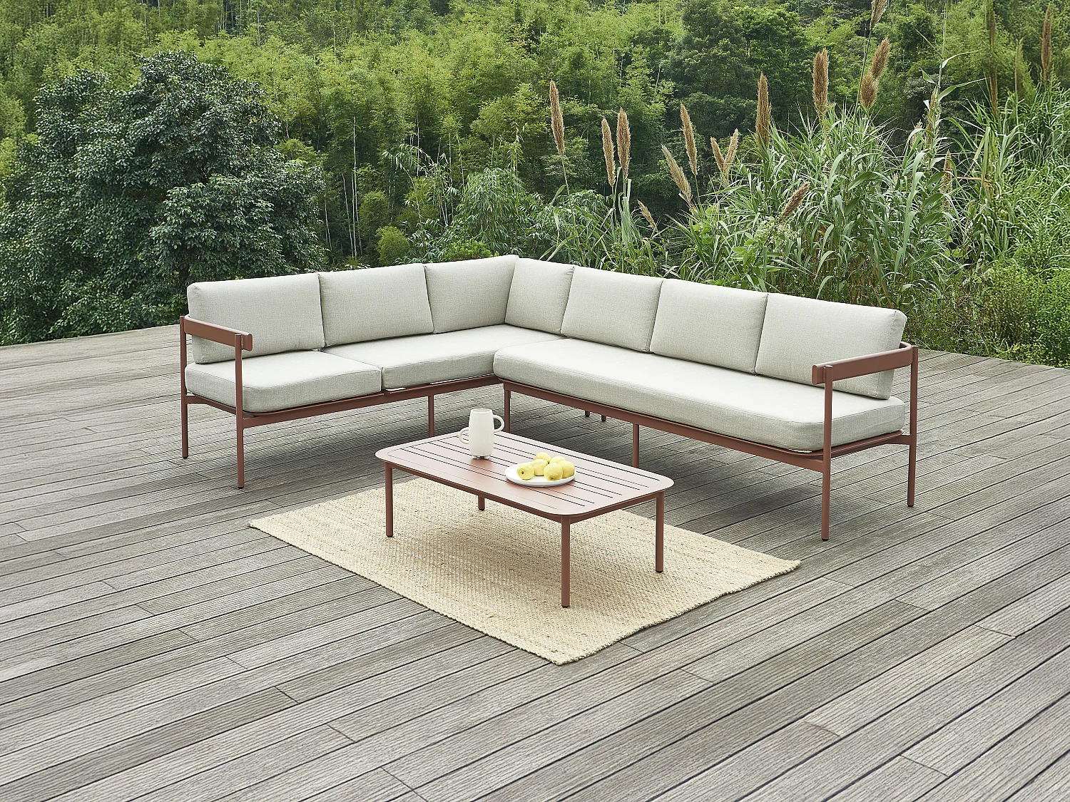 Zestaw mebli ogrodowych modułowych z aluminium: 1 kanapa z podnoszonym segmentem + 1 stolik kawowy -Terakota i beżowe poduszki – LASTON marki MYLIA 3233127