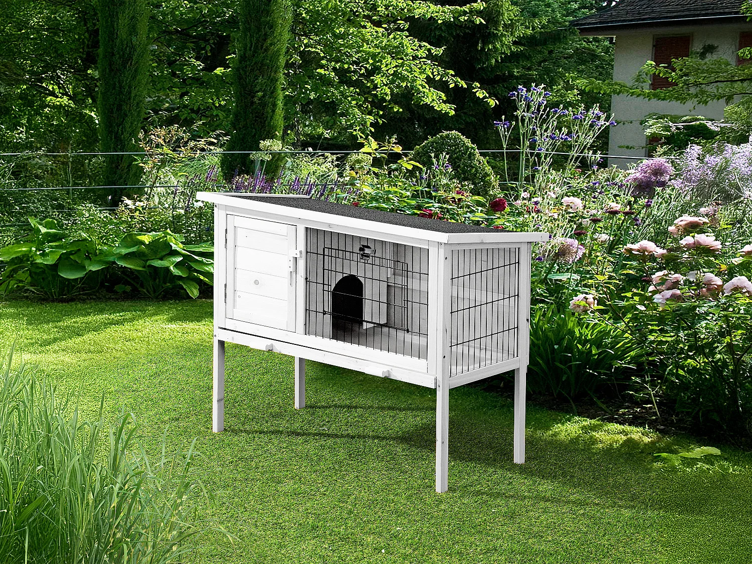 Klatka drewniana na nóżkach dla królików i gryzoni – dł. 91 x szer. 45 x wys. 70 cm – Biały – LAPIUS 3359823