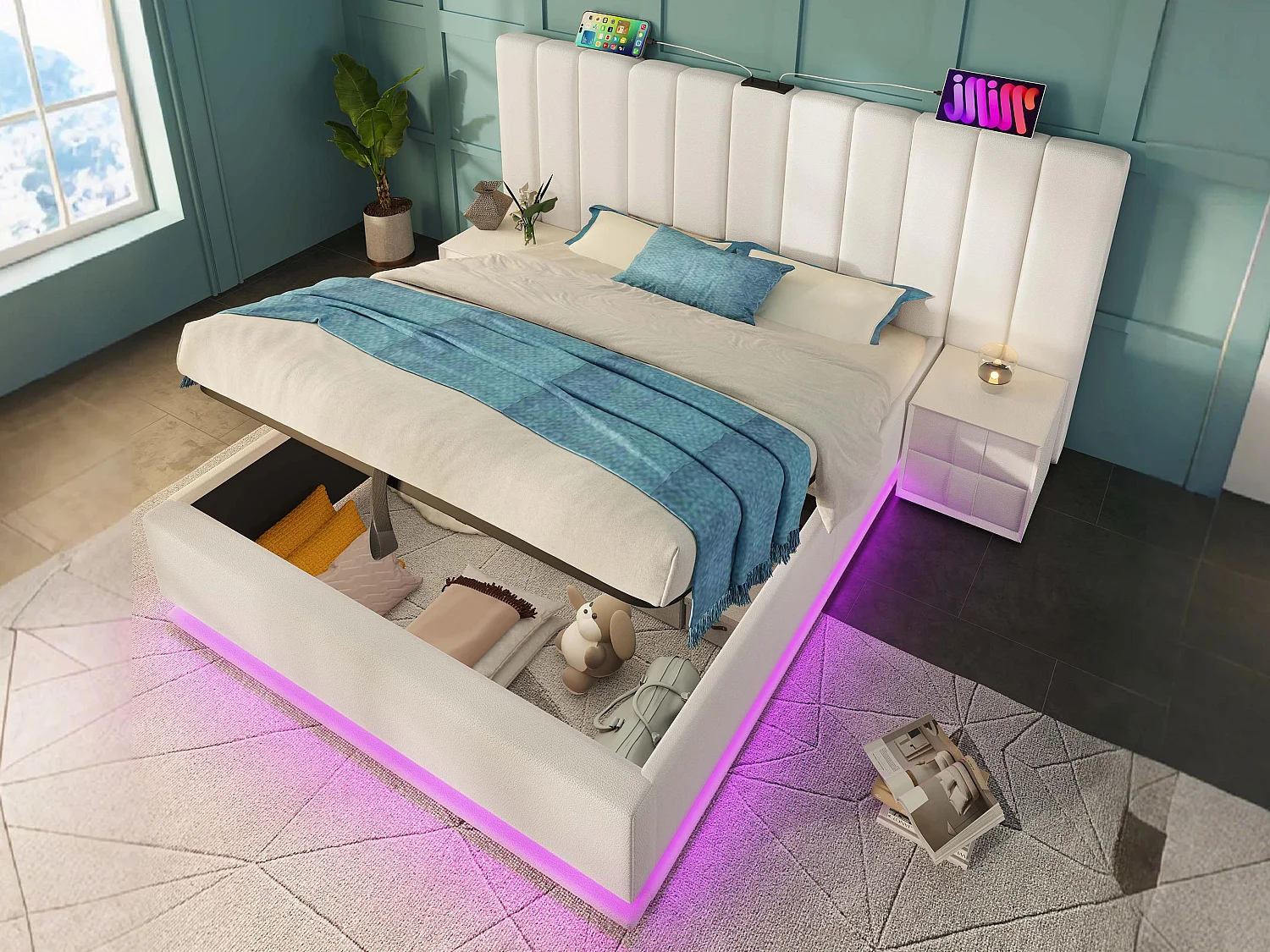 Łóżko tapicerowane z ekoskóry 180×200cm – z LED i ładowaniem – z stelażem na listwach – Białe 3747853