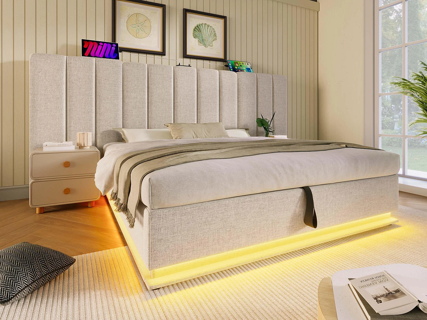 Łóżko tapicerowane z lnu 160×200cm - z LED i ładowaniem - z stelażem na listwach - Beżowe 3747855 - obrazek 1