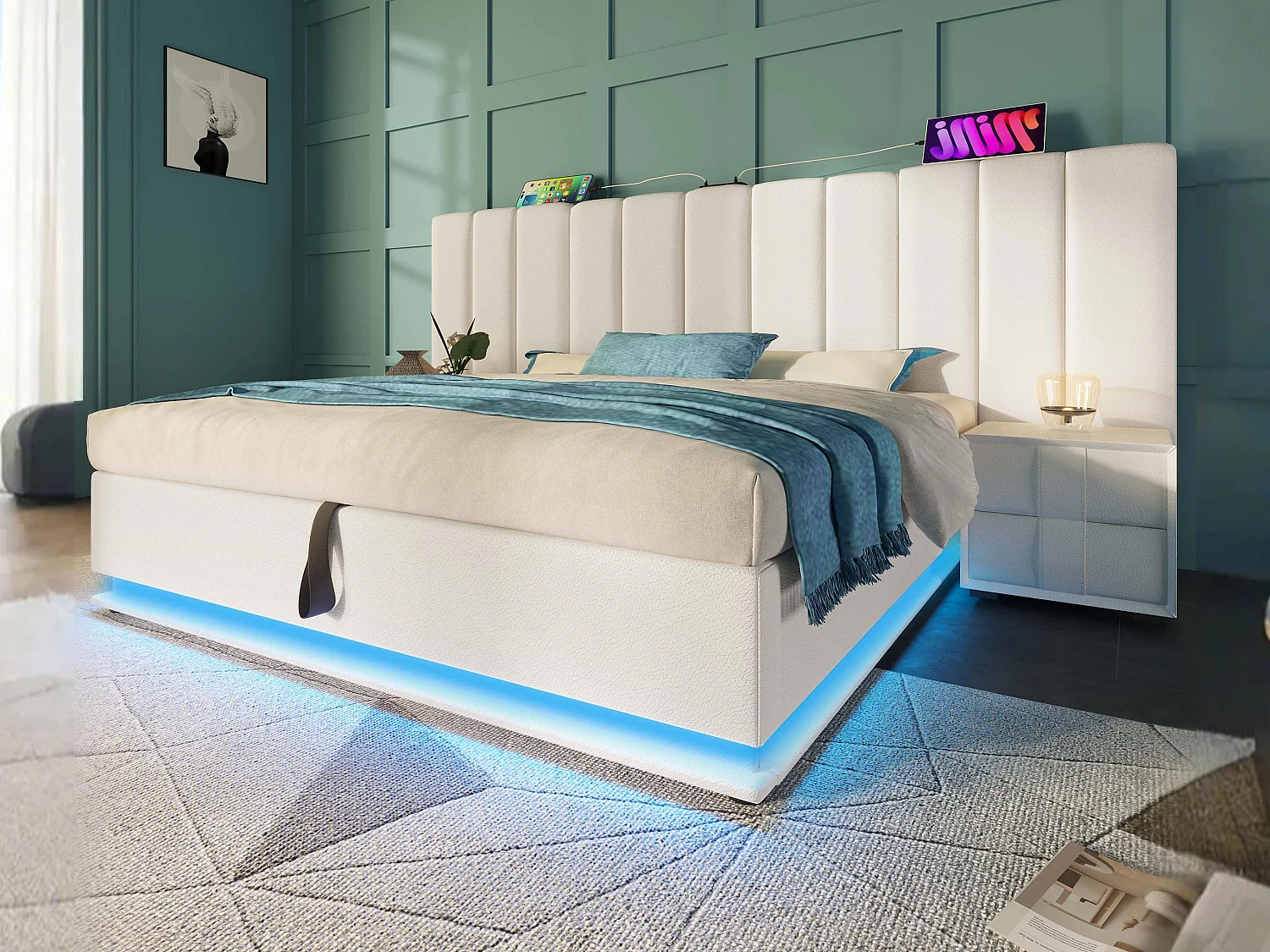 Łóżko tapicerowane z ekoskóry 160×200cm – z LED i ładowaniem – z stelażem na listwach – Białe 3747860