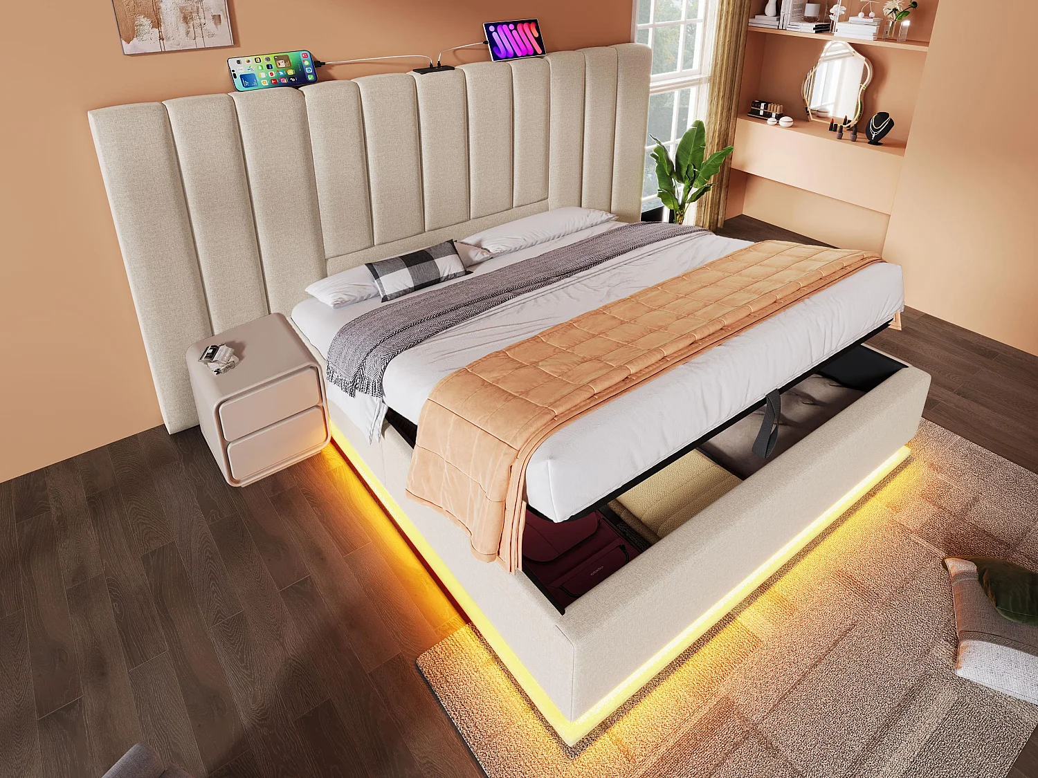 Łóżko tapicerowane z lnu 180×200cm - z LED i ładowaniem - z stelażem na listwach - Beżowe 3747867 - obrazek 1