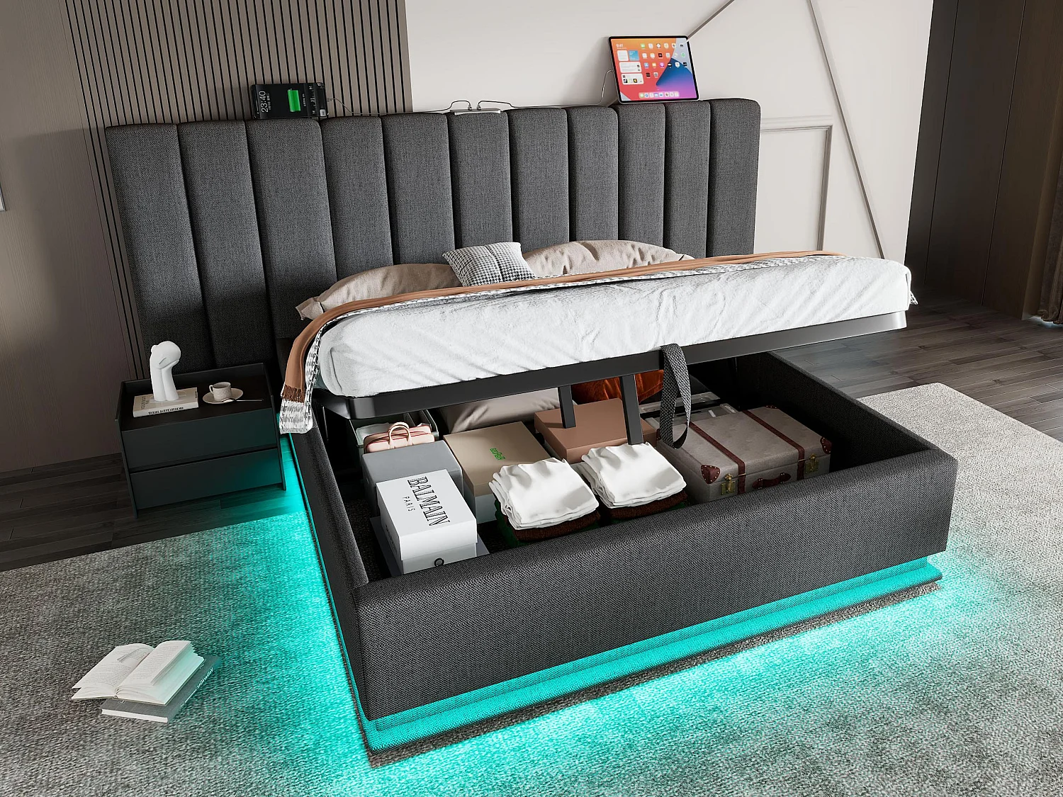 Łóżko tapicerowane z lnu 180×200cm - z LED i ładowaniem - z stelażem na listwach - Szare 3747873 - obrazek 1