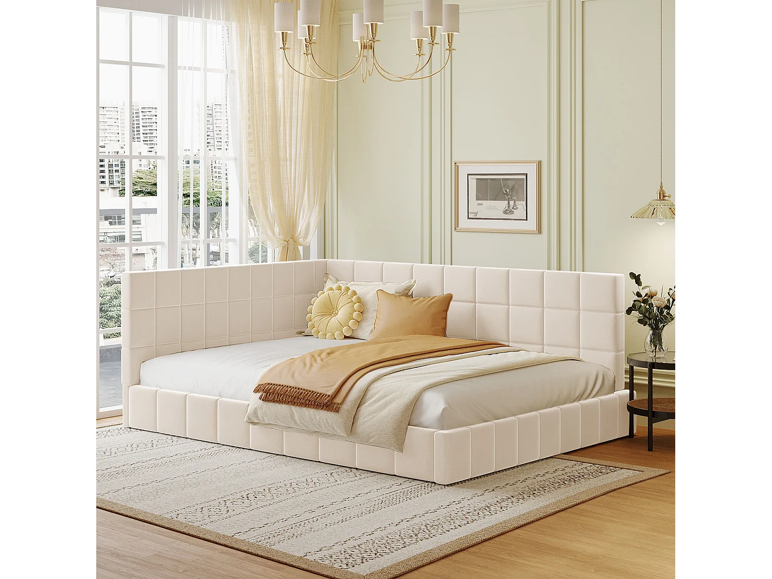 Łóżko tapicerowane 140 x 200 cm z wezgłowiem - Aksamit - Sofa rozkładana - Stelaż listwowy - Beżowy 3754751 - obrazek 1