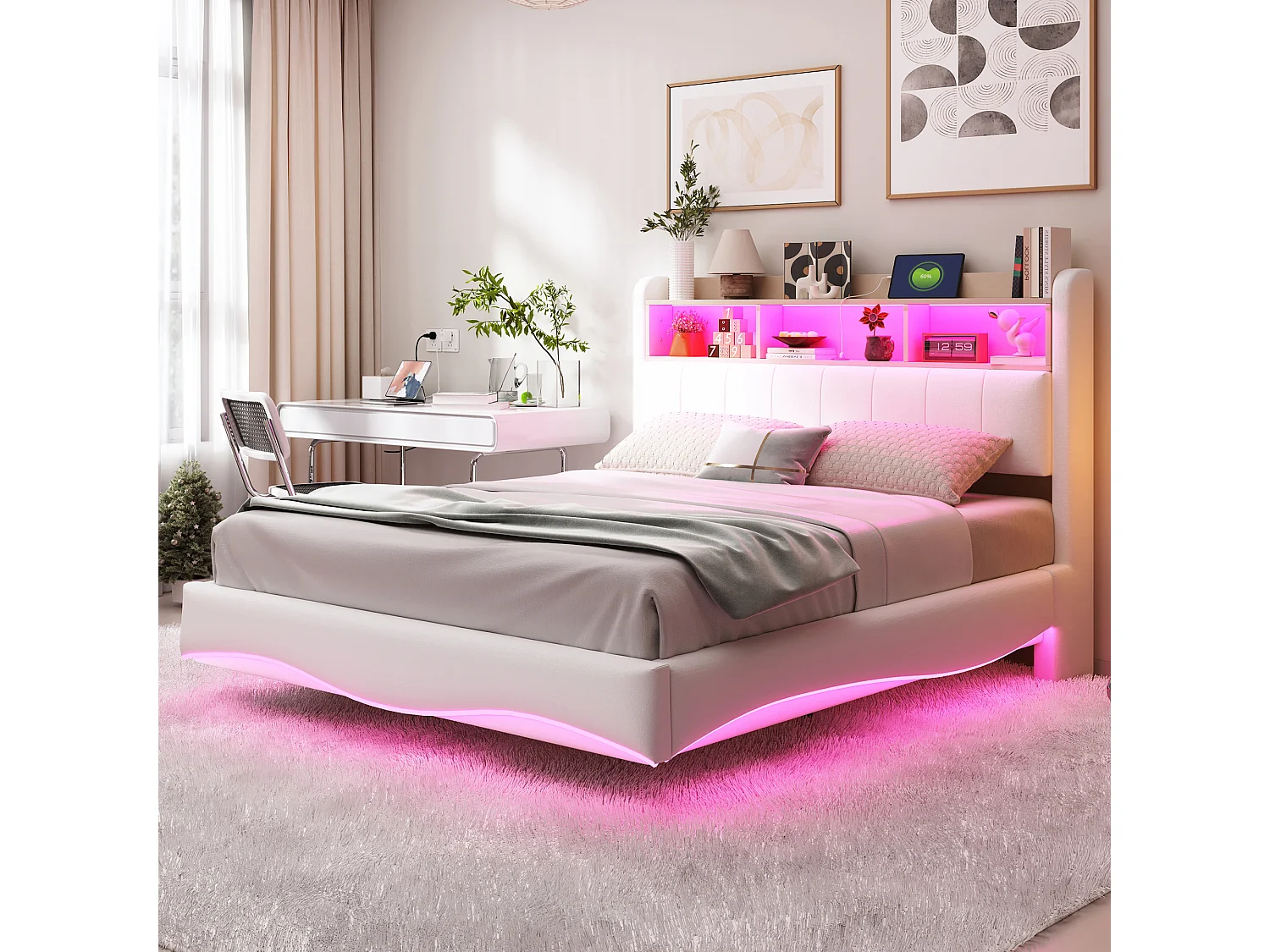 Łóżko tapicerowane 140 x 200 cm z wezgłowiem – LED, USB i TYPE-C – Tkanina lniana – Stelaż z listew – Beż 3754757