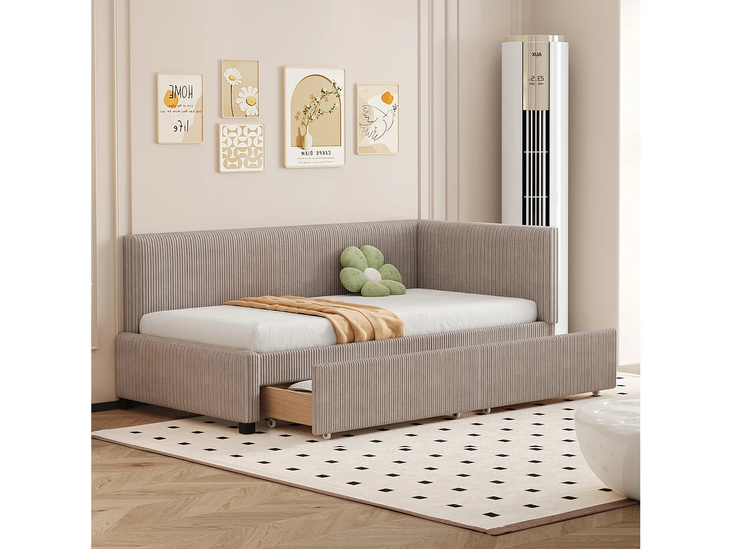 Łóżko tapicerowane 90 x 200 cm z wezgłowiem i 2 szufladami - Aksamit - Sofa rozkładana - Stelaż listwowy - Szary 3754762 - obrazek 1