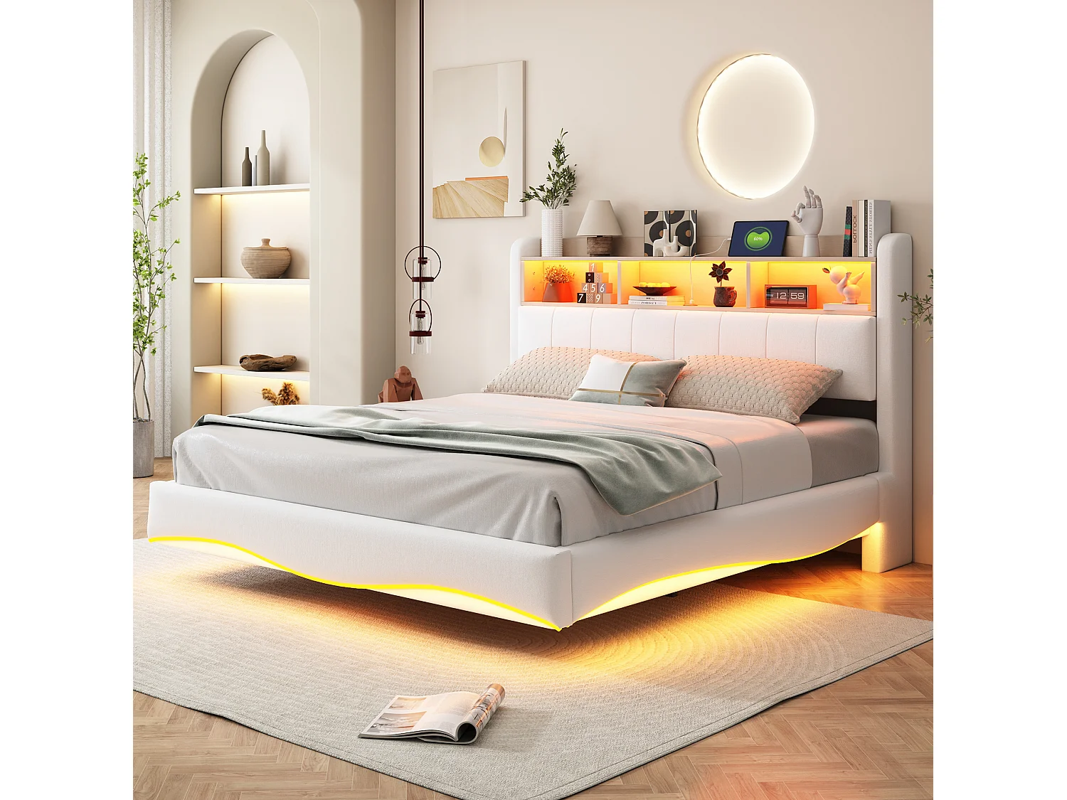 Łóżko tapicerowane 160 x 200 cm z wezgłowiem – LED, USB i TYPE-C – Tkanina lniana – Stelaż z listew – Beż 3754760