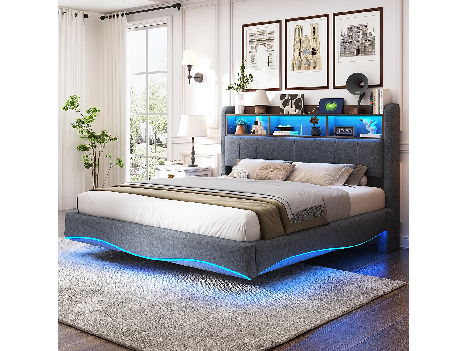 Łóżko tapicerowane 160 x 200 cm z wezgłowiem – LED, USB i TYPE-C – Tkanina lniana – Stelaż z listew – Szary 3754763