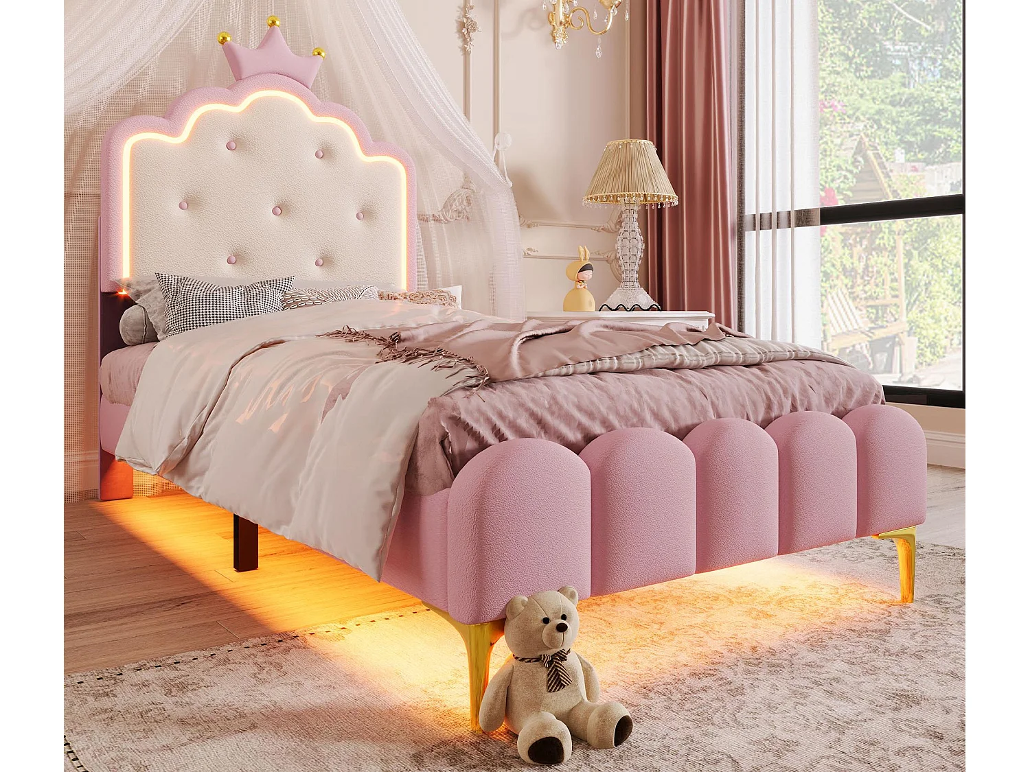 Łóżko tapicerowane 90x200 cm z LED - materiał skóra PU - z stelażem na listwach - Różowe 3758853 - obrazek 1